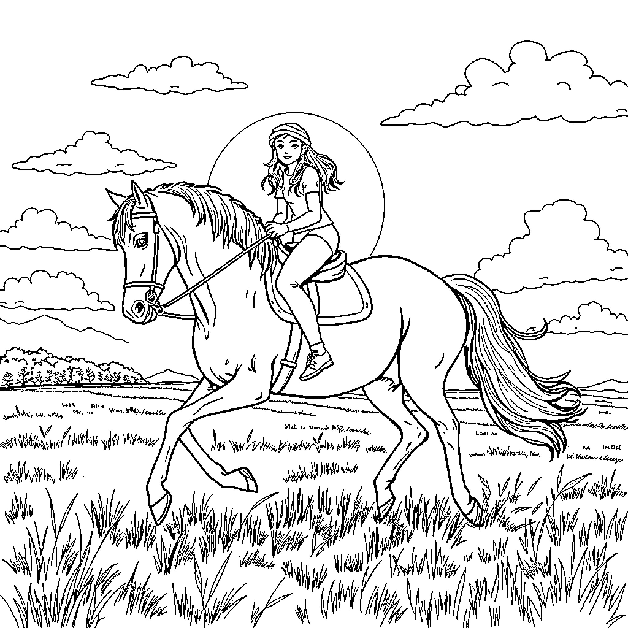 Horse and Rider Enjoying Scenic Countryside Coloring Page (free black-and-white line drawing printable PDF for all, from beginners to advanced learners, including children, teens, adults, and seniors)