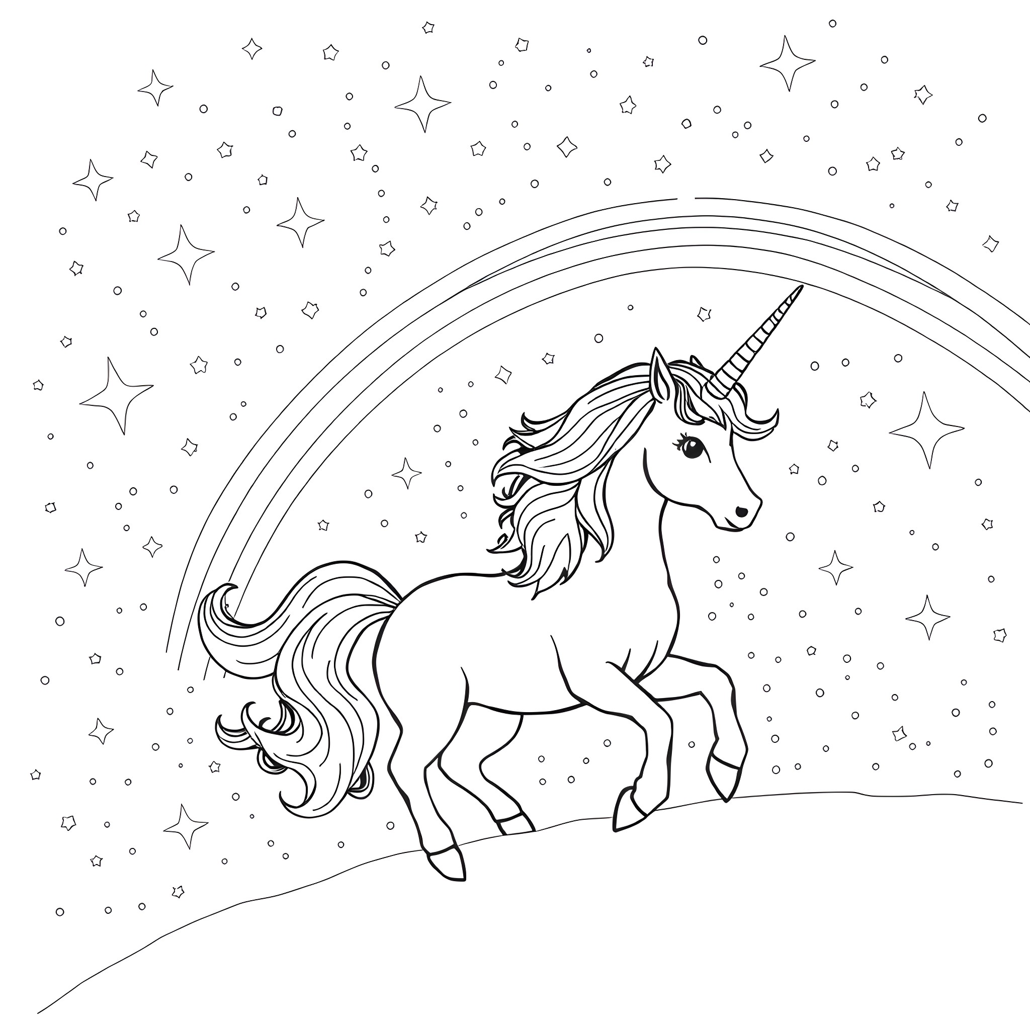 Unicorn galloping in a starry night landscape Coloring Page (free black-and-white line drawing printable PDF for all, from beginners to advanced learners, including children, teens, adults, and seniors)
