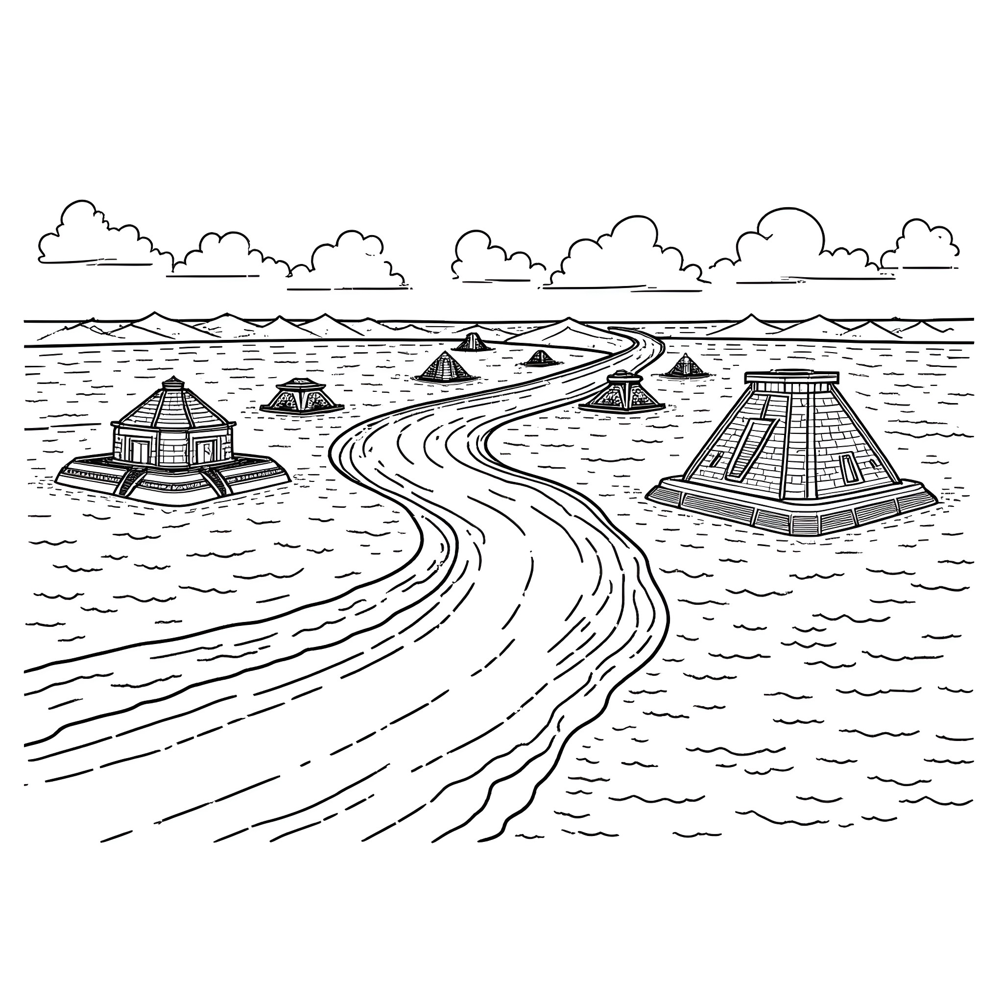Mesopotamia: Ancient Structures and Waterways Coloring Page (free black-and-white line drawing printable PDF for all, from beginners to advanced learners, including children, teens, adults, and seniors)