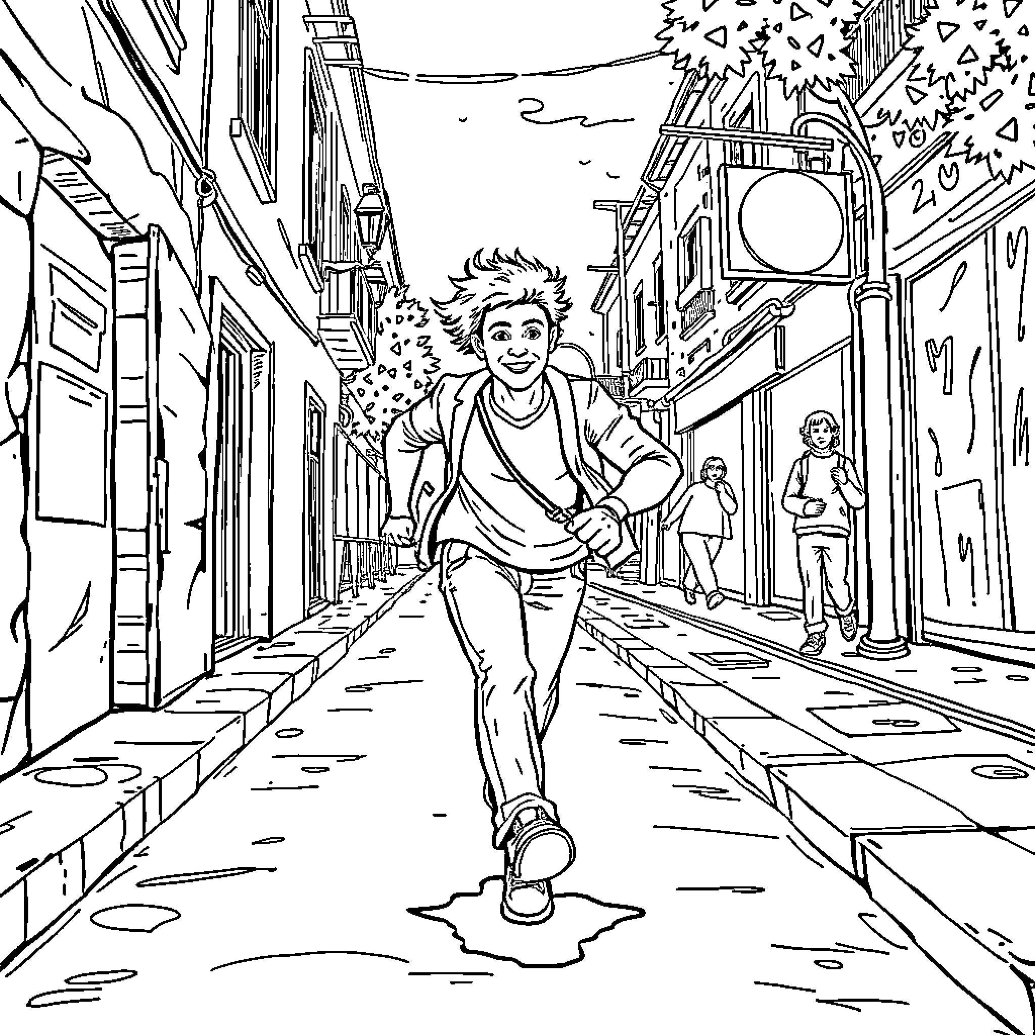 Persona of a Joyful Young Person Exploring the City Coloring Page (free black-and-white line drawing printable PDF for all, from beginners to advanced learners, including children, teens, adults, and seniors)