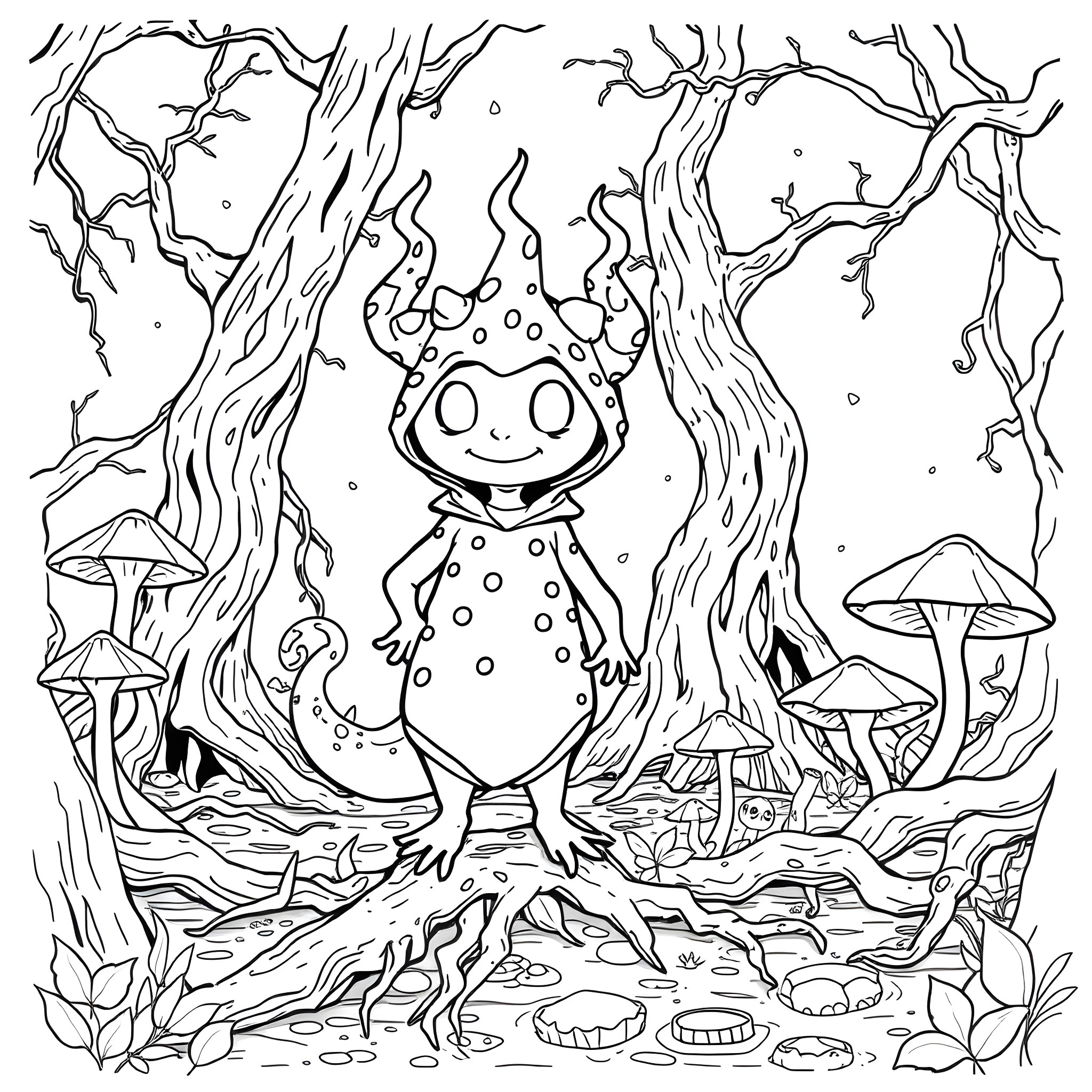 Labubu's Magical Forest Adventure Coloring Page (free black-and-white line drawing printable PDF for all, from beginners to advanced learners, including children, teens, adults, and seniors)