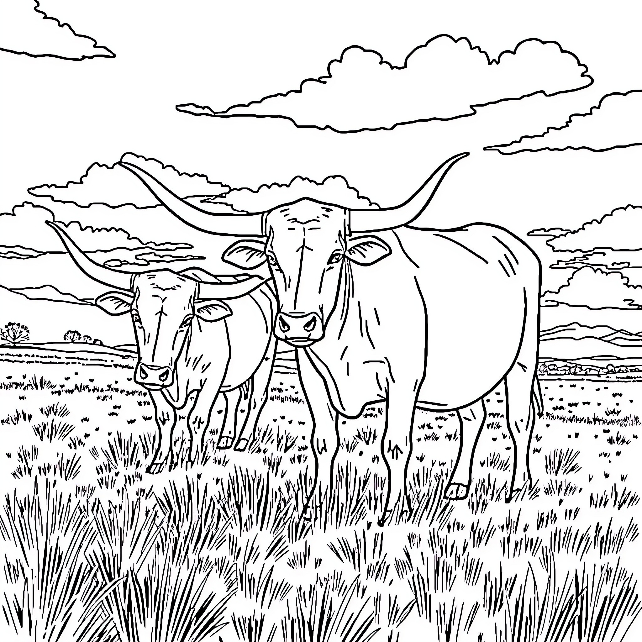 Longhorn cattle grazing peacefully in the countryside Coloring Page (free black-and-white line drawing printable PDF for all, from beginners to advanced learners, including children, teens, adults, and seniors)