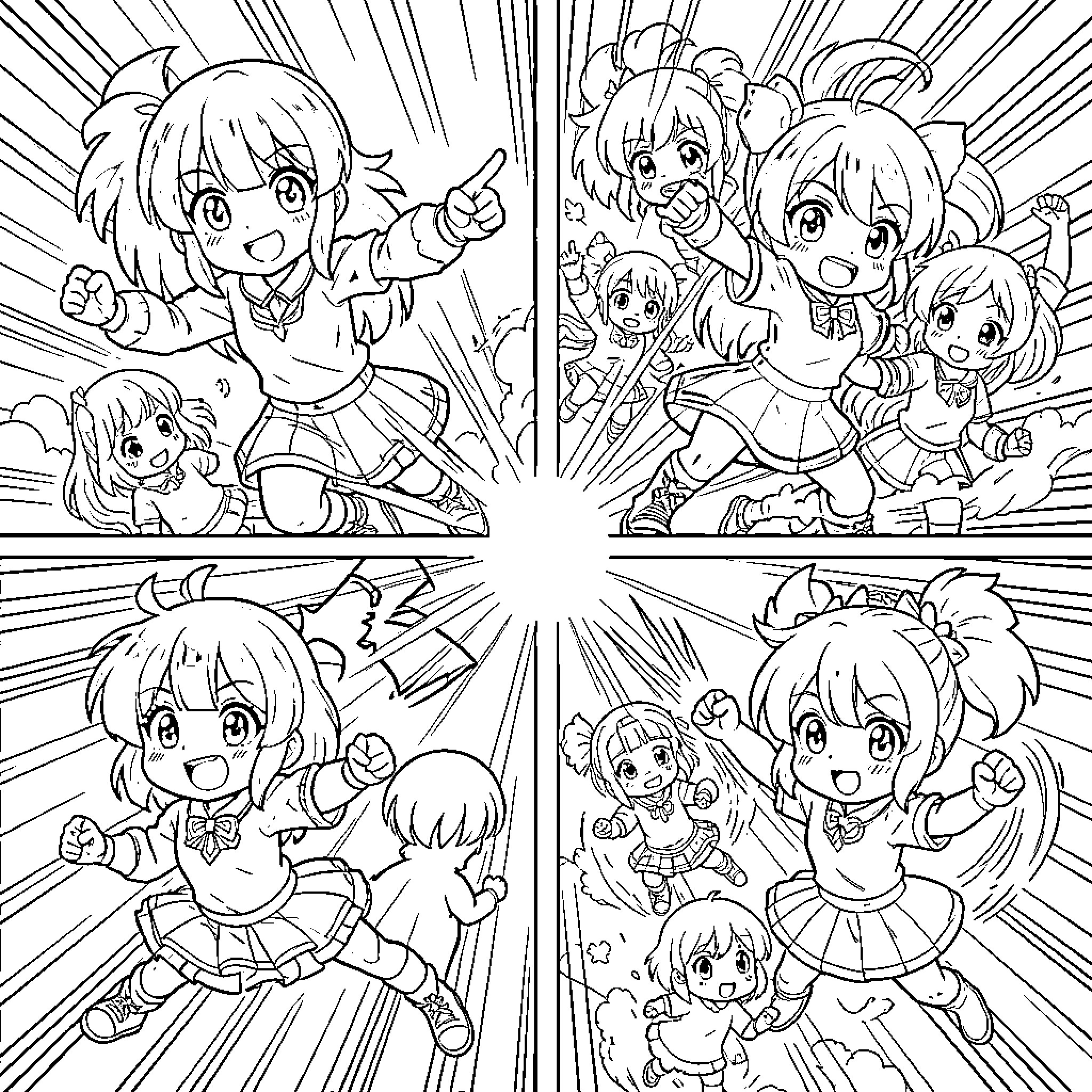 Anime Girls Celebrating and Expressing Excitement Coloring Page (free black-and-white line drawing printable PDF for all, from beginners to advanced learners, including children, teens, adults, and seniors)