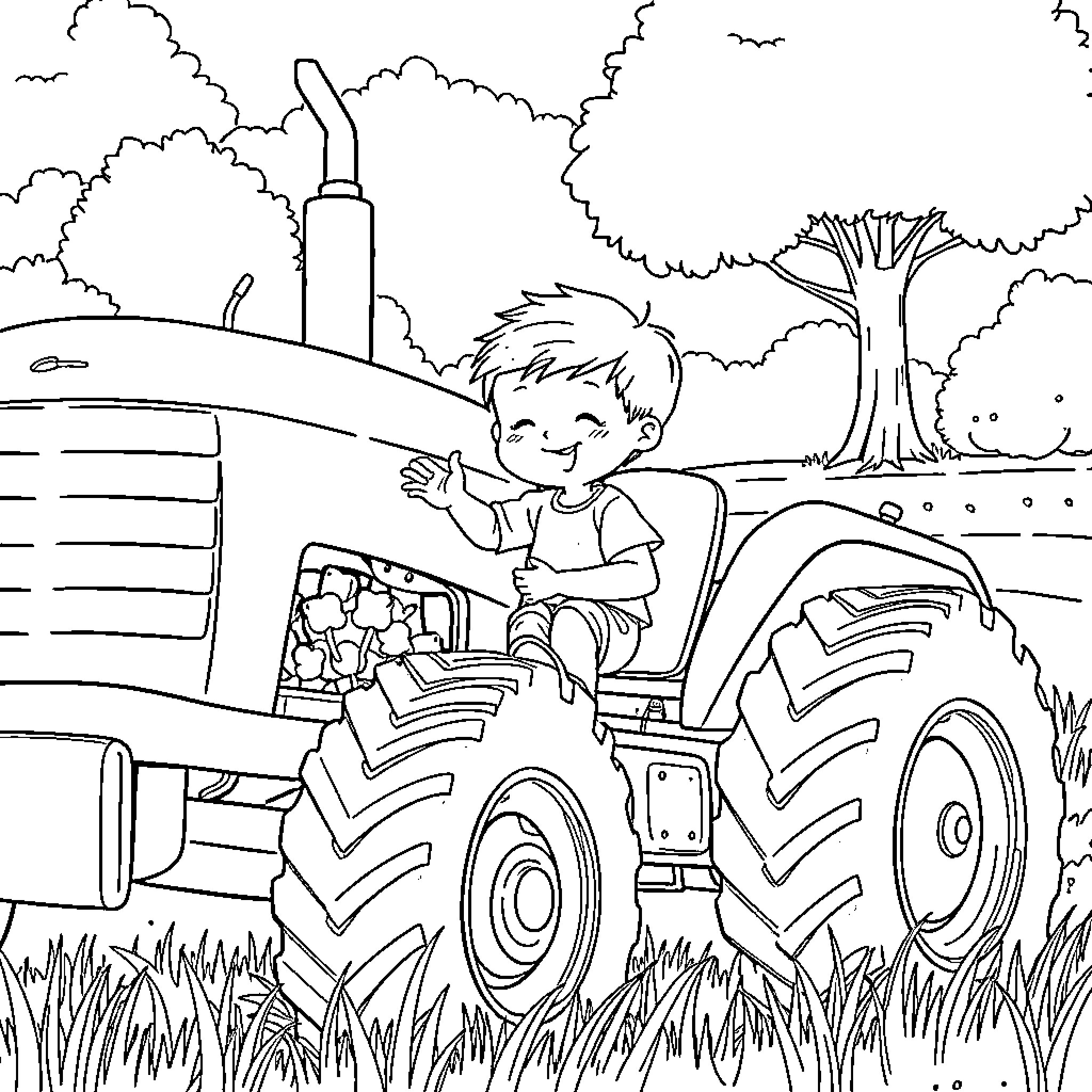 Boy Driving a Tractor in the Countryside Coloring Page (free black-and-white line drawing printable PDF for all, from beginners to advanced learners, including children, teens, adults, and seniors)