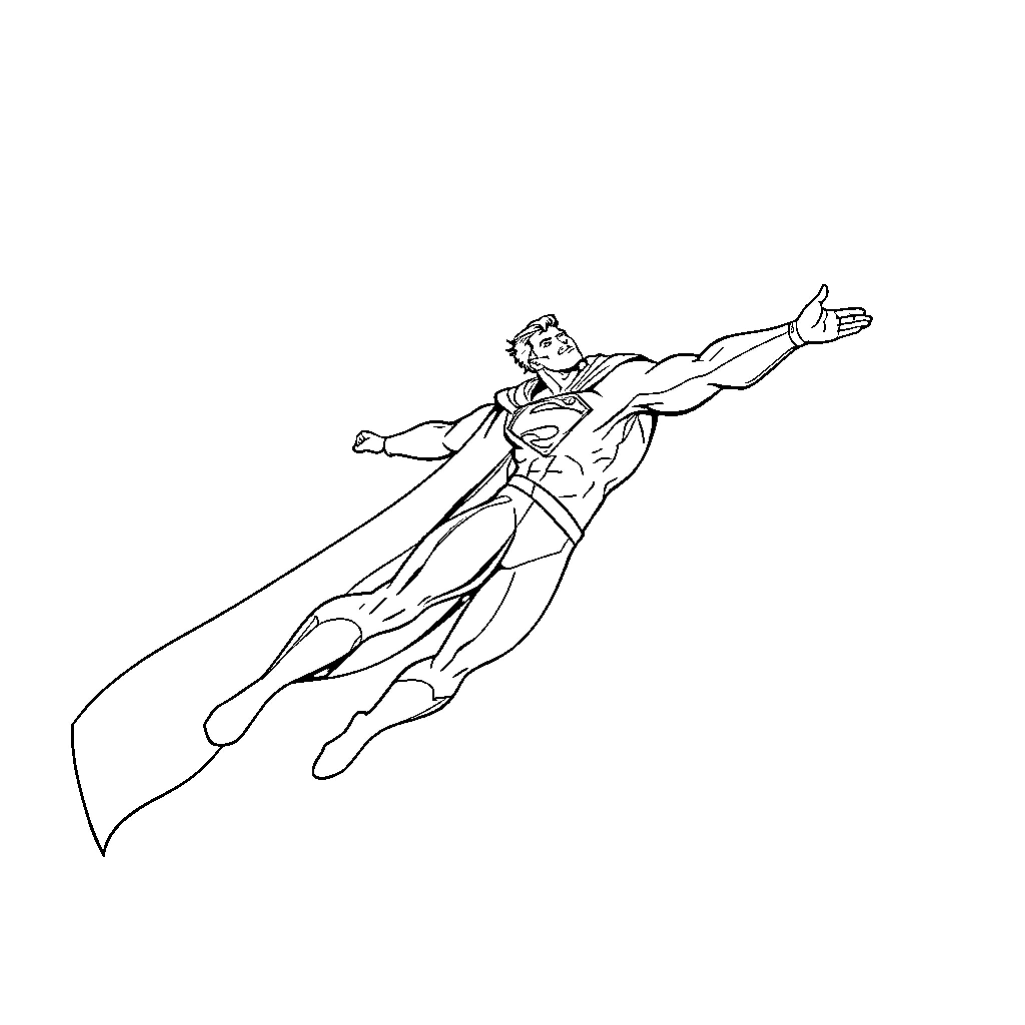 Superman in heroic flight pose Coloring Page (free black-and-white line drawing printable PDF for all, from beginners to advanced learners, including children, teens, adults, and seniors)