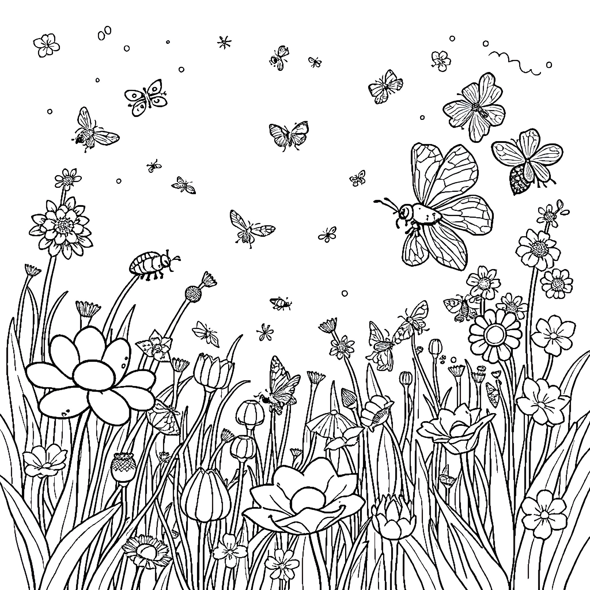 Insect floral meadow with butterflies Coloring Page (free black-and-white line drawing printable PDF for all, from beginners to advanced learners, including children, teens, adults, and seniors)