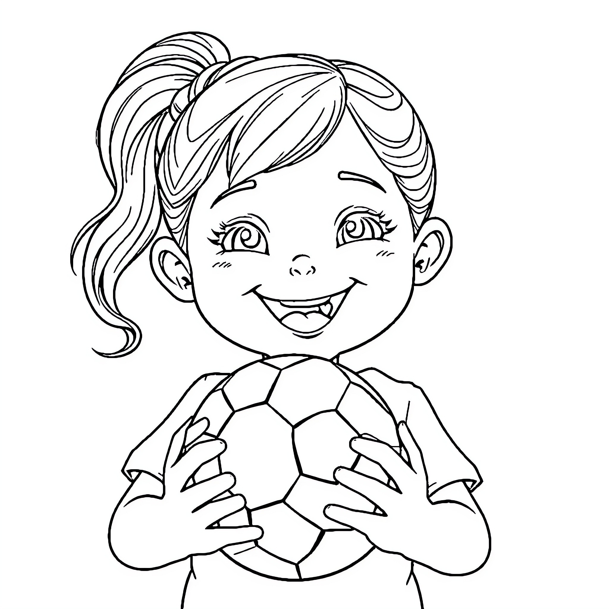 Girl joyfully holding soccer ball Coloring Page (free black-and-white line drawing printable PDF for all, from beginners to advanced learners, including children, teens, adults, and seniors)