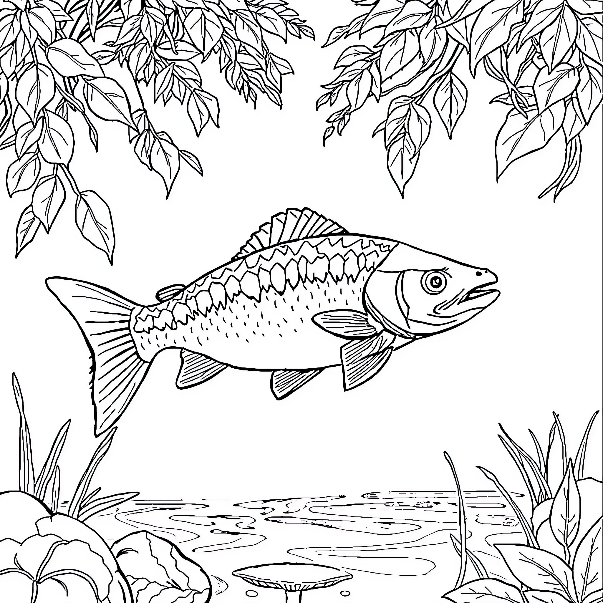 Bear fishing in a natural setting Coloring Page (free black-and-white line drawing printable PDF for all, from beginners to advanced learners, including children, teens, adults, and seniors)