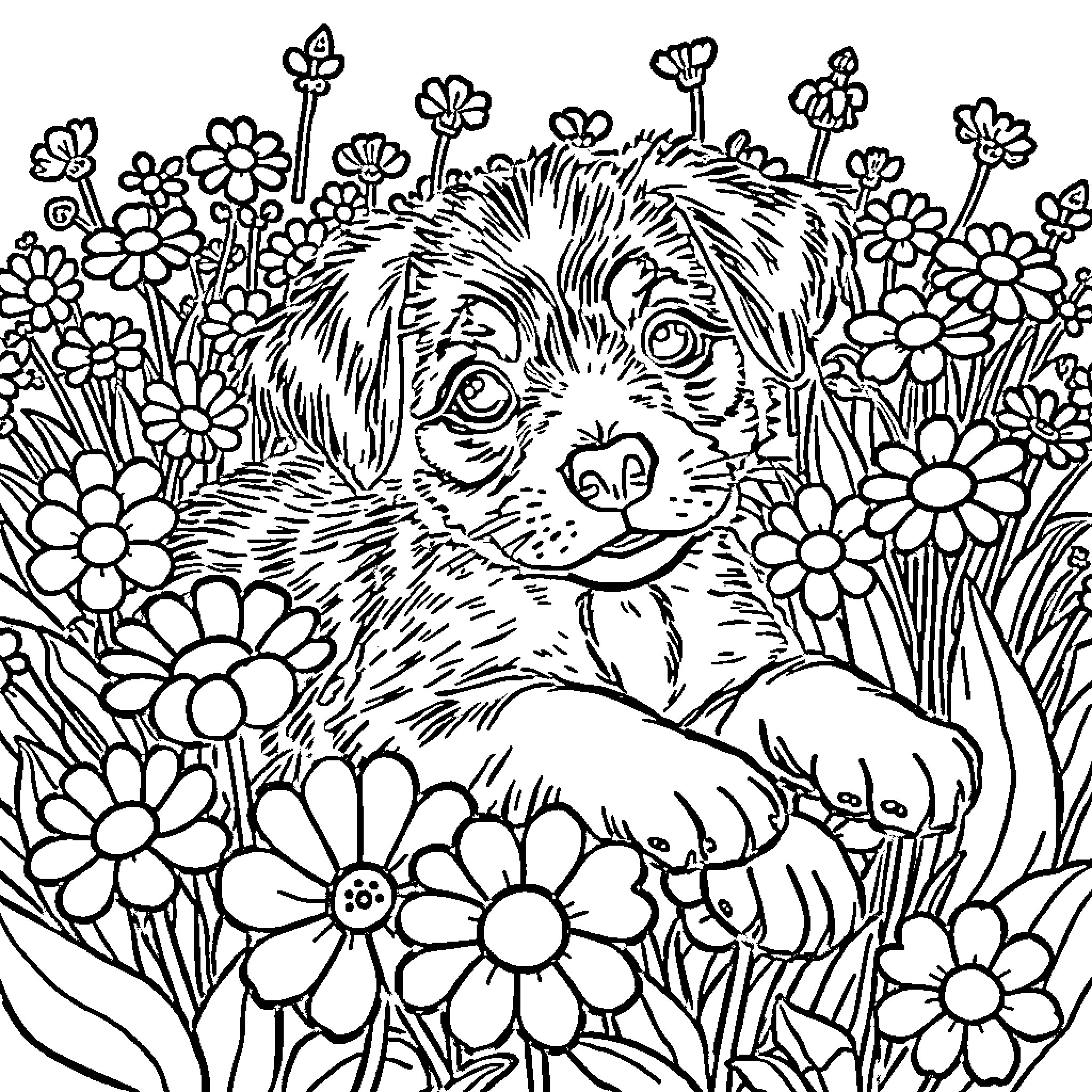 Puppy peeking through a field of flowers Coloring Page (free black-and-white line drawing printable PDF for all, from beginners to advanced learners, including children, teens, adults, and seniors)