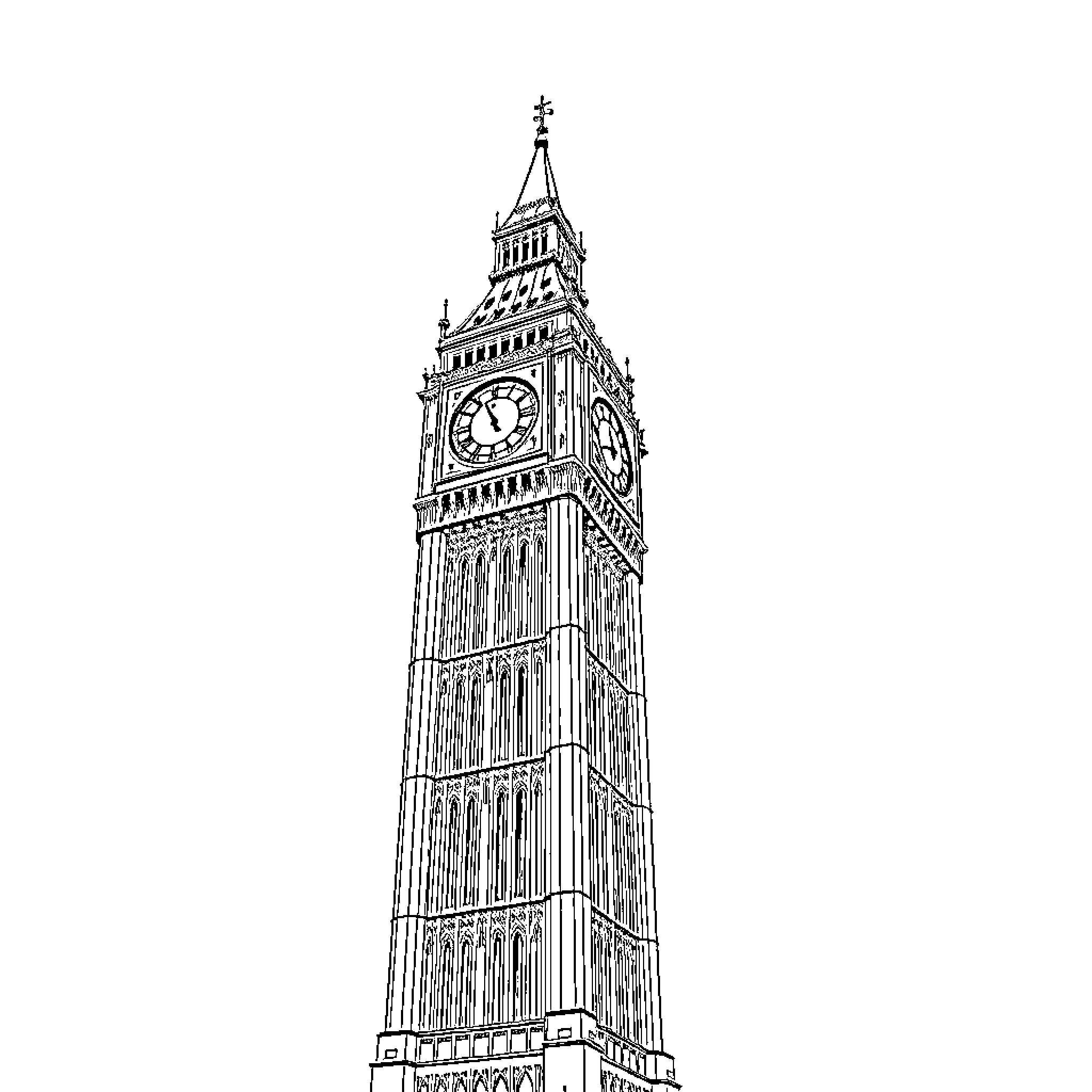 Big Ben in London with architectural details Coloring Page (free black-and-white line drawing printable PDF for all, from beginners to advanced learners, including children, teens, adults, and seniors)