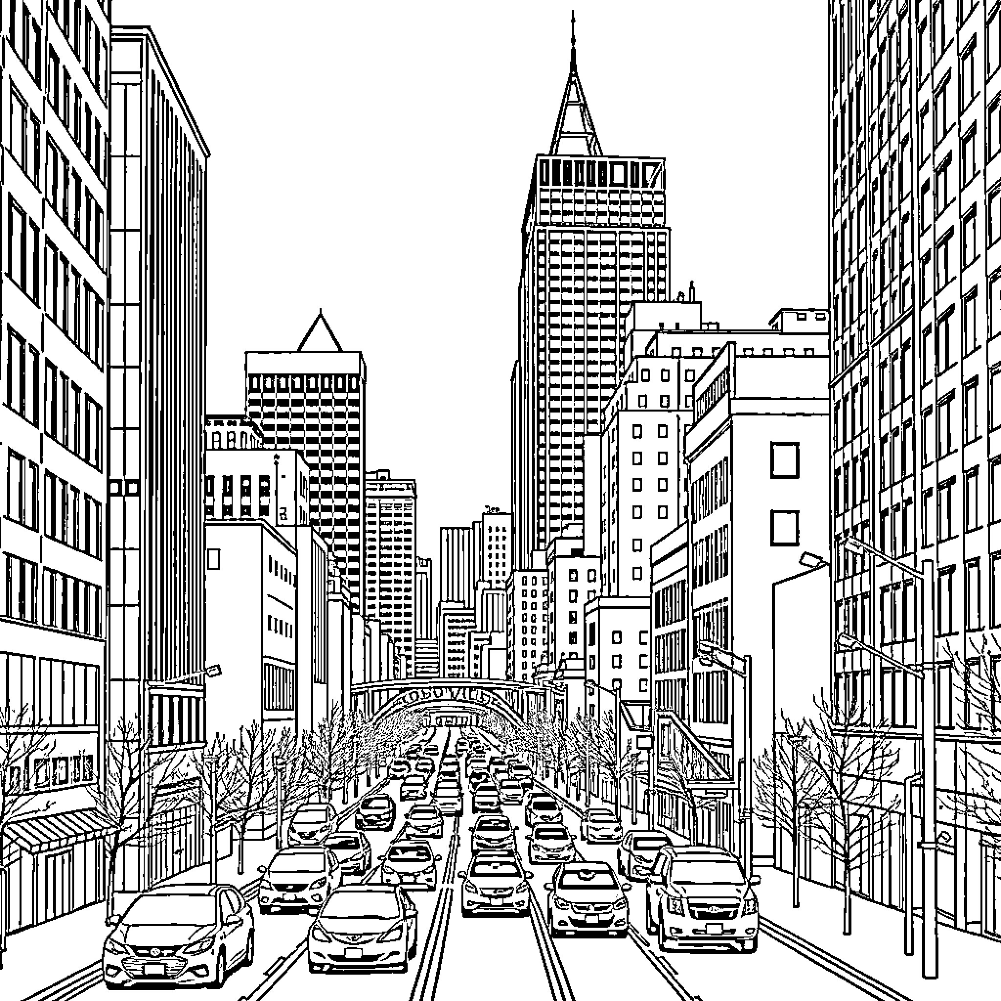 Louisville Cityscape with Bustling Traffic and Towering Skyscrapers Coloring Page (free black-and-white line drawing printable PDF for all, from beginners to advanced learners, including children, teens, adults, and seniors)