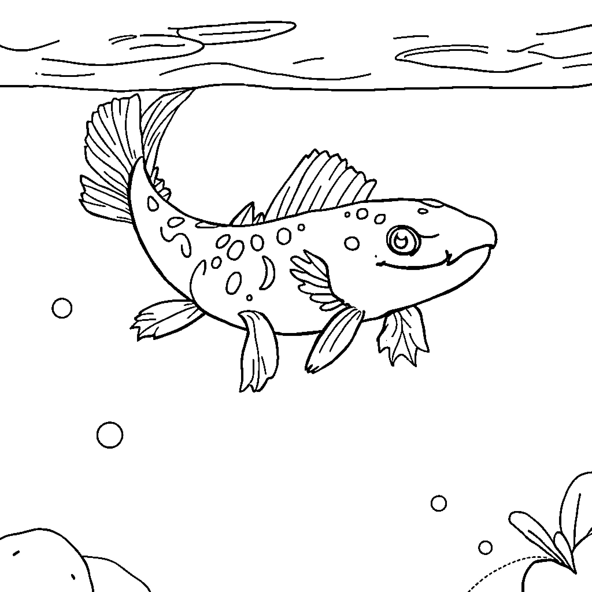 Axolotl swimming gracefully in the aquatic environment Coloring Page (free black-and-white line drawing printable PDF for all, from beginners to advanced learners, including children, teens, adults, and seniors)