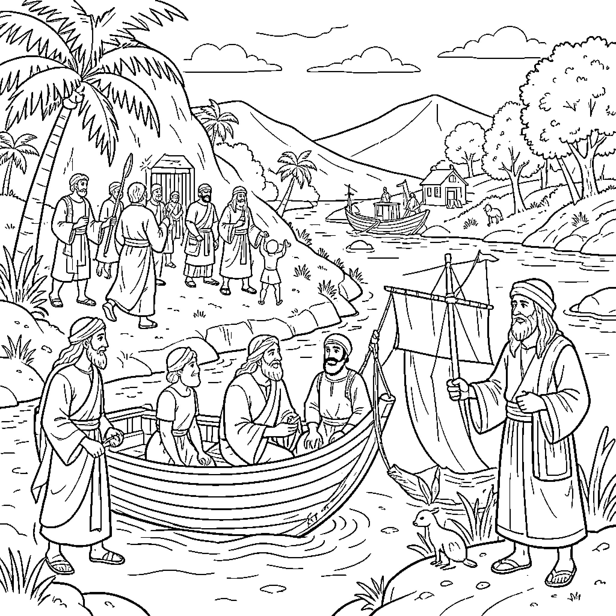 Biblical Characters in Scenic Coastal Setting Coloring Page (free black-and-white line drawing printable PDF for all, from beginners to advanced learners, including children, teens, adults, and seniors)