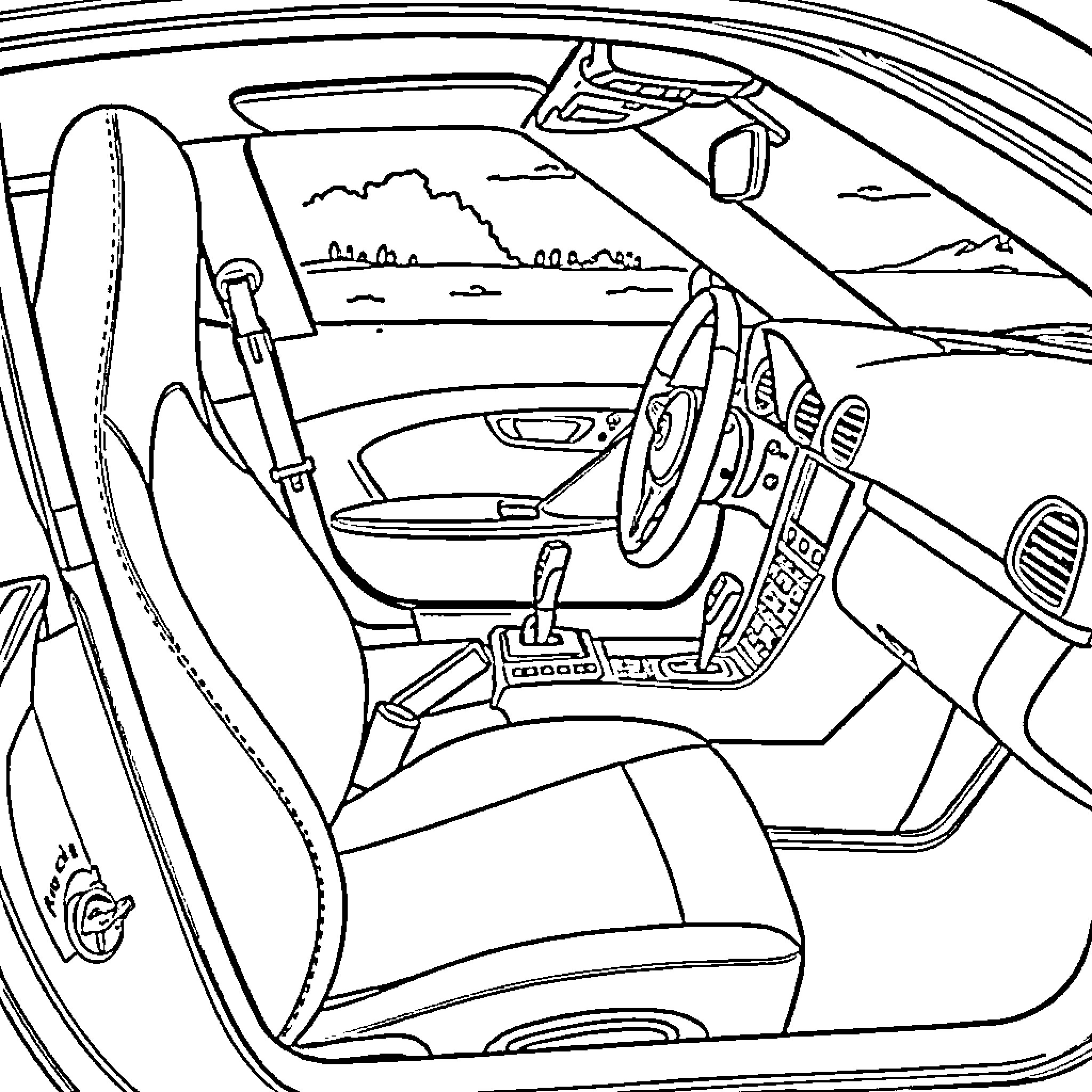 Porsche sports car interior with open road view Coloring Page (free black-and-white line drawing printable PDF for all, from beginners to advanced learners, including children, teens, adults, and seniors)