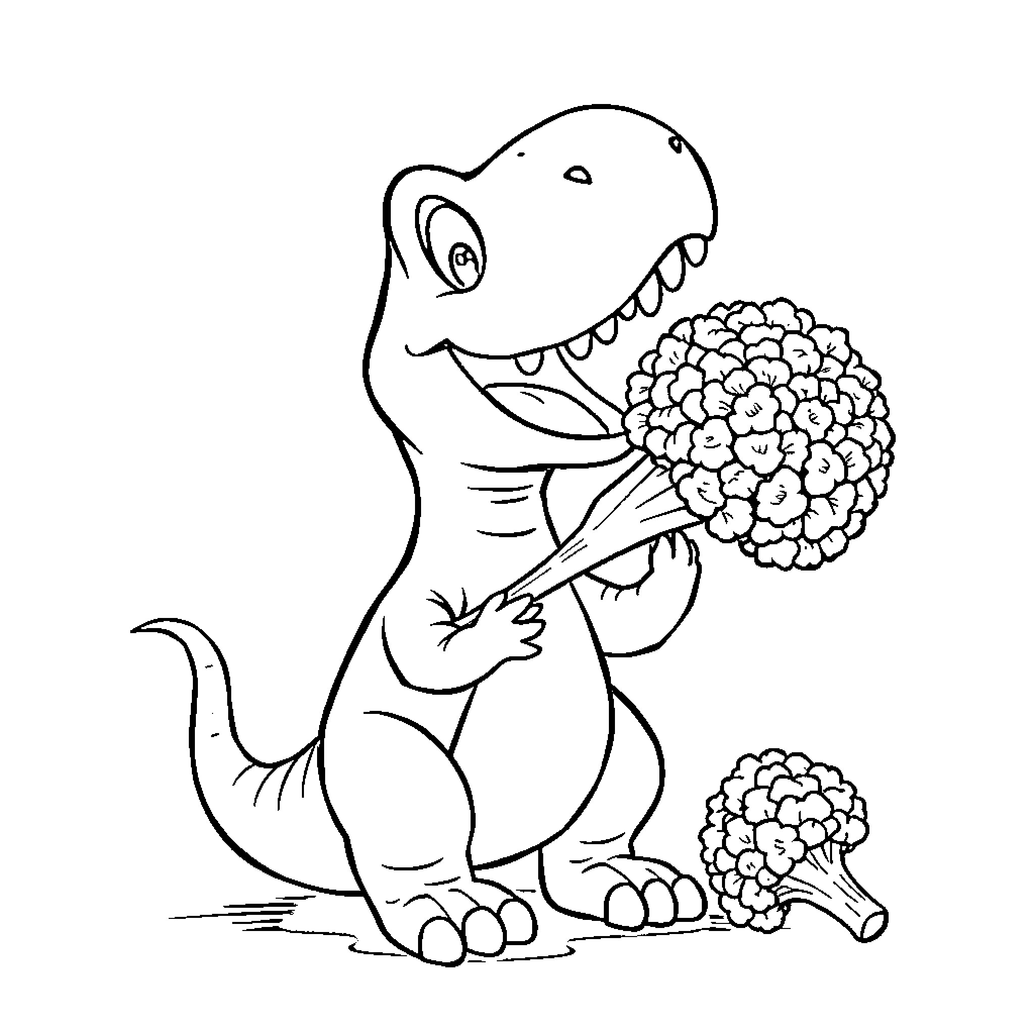 Dino happily holding colorful flowers Coloring Page (free black-and-white line drawing printable PDF for all, from beginners to advanced learners, including children, teens, adults, and seniors)