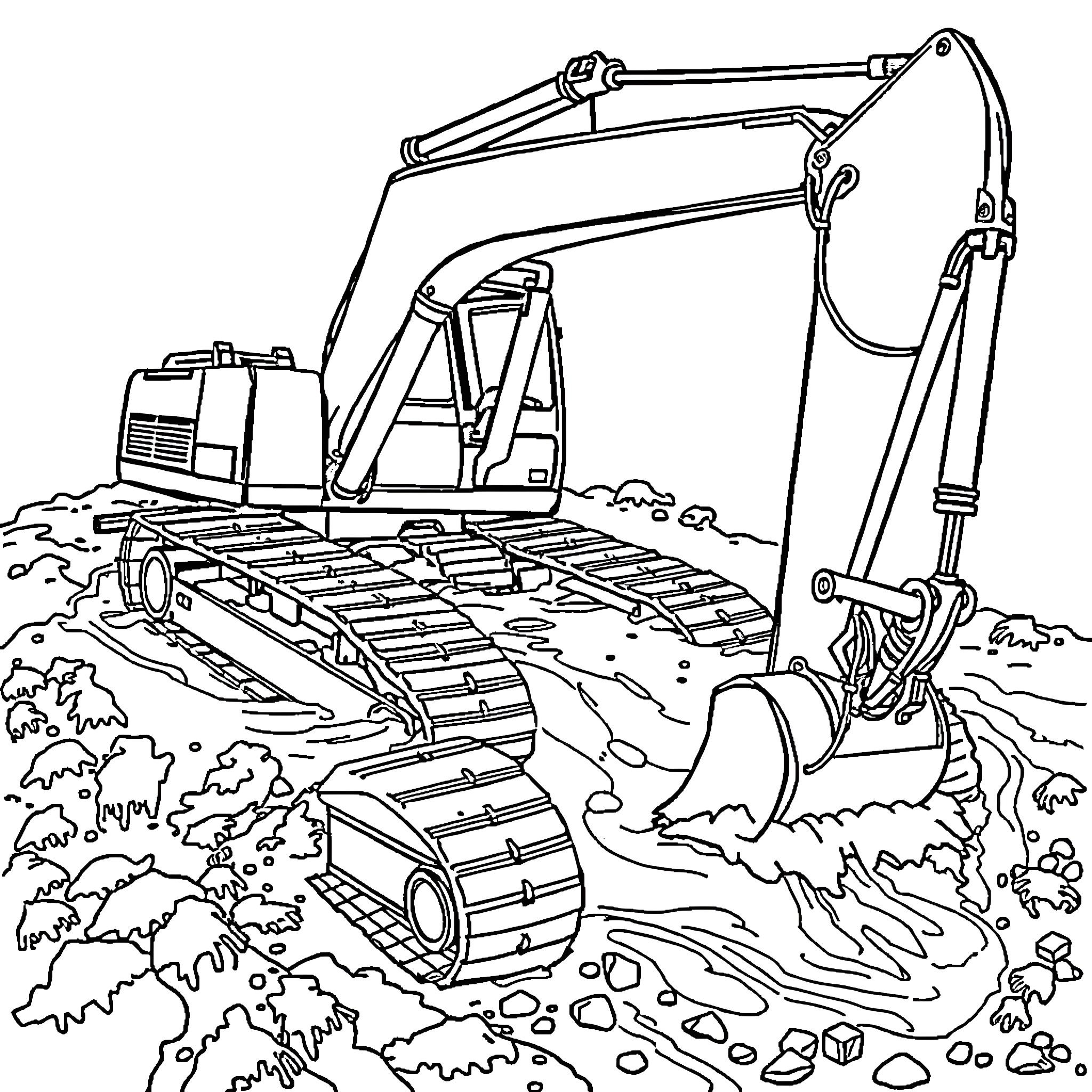 Excavator working on construction site Coloring Page (free black-and-white line drawing printable PDF for all, from beginners to advanced learners, including children, teens, adults, and seniors)