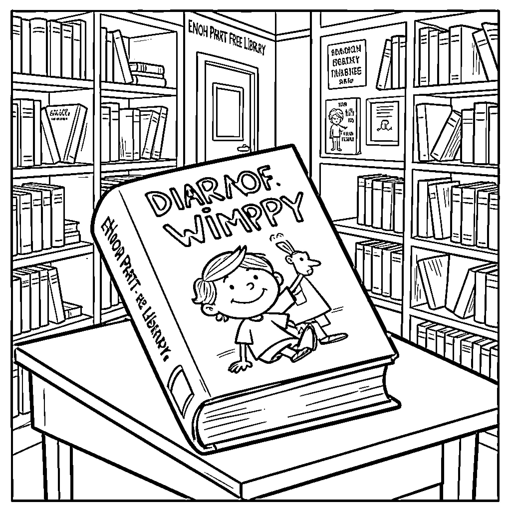 Diary of a Wimpy Kid book resting on a table Coloring Page (free black-and-white line drawing printable PDF for all, from beginners to advanced learners, including children, teens, adults, and seniors)