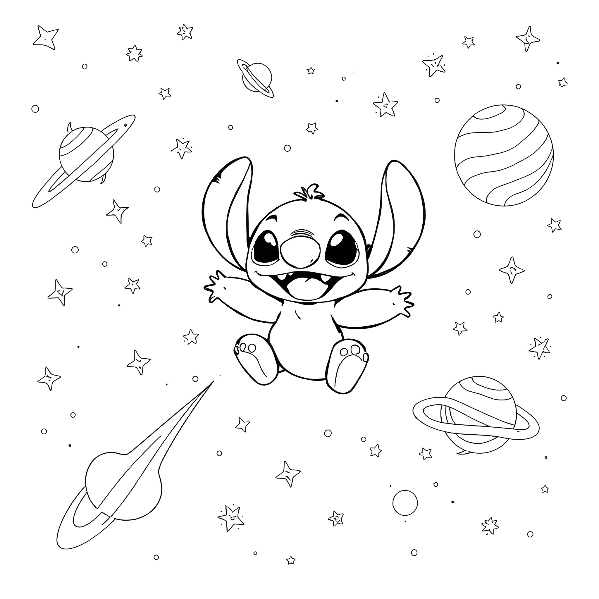 Stitch floating in outer space with planets and stars Coloring Page (free black-and-white line drawing printable PDF for all, from beginners to advanced learners, including children, teens, adults, and seniors)
