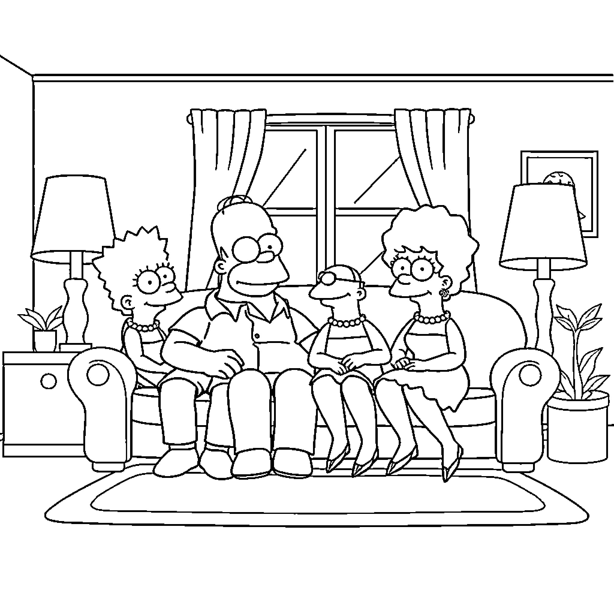 Simpson Family Relaxing Together in Living Room Coloring Page (free black-and-white line drawing printable PDF for all, from beginners to advanced learners, including children, teens, adults, and seniors)