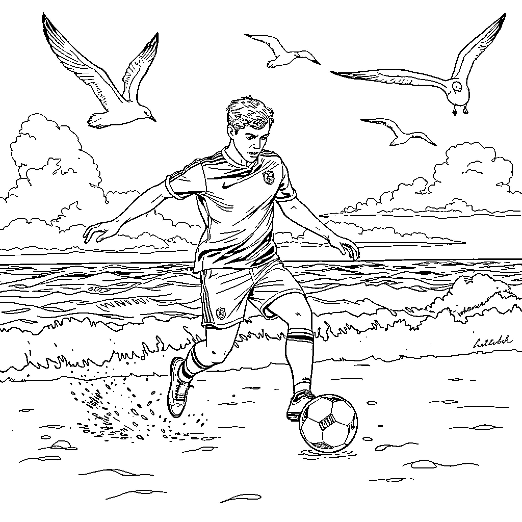 Jordan Pickford playing football on the beach Coloring Page (free black-and-white line drawing printable PDF for all, from beginners to advanced learners, including children, teens, adults, and seniors)