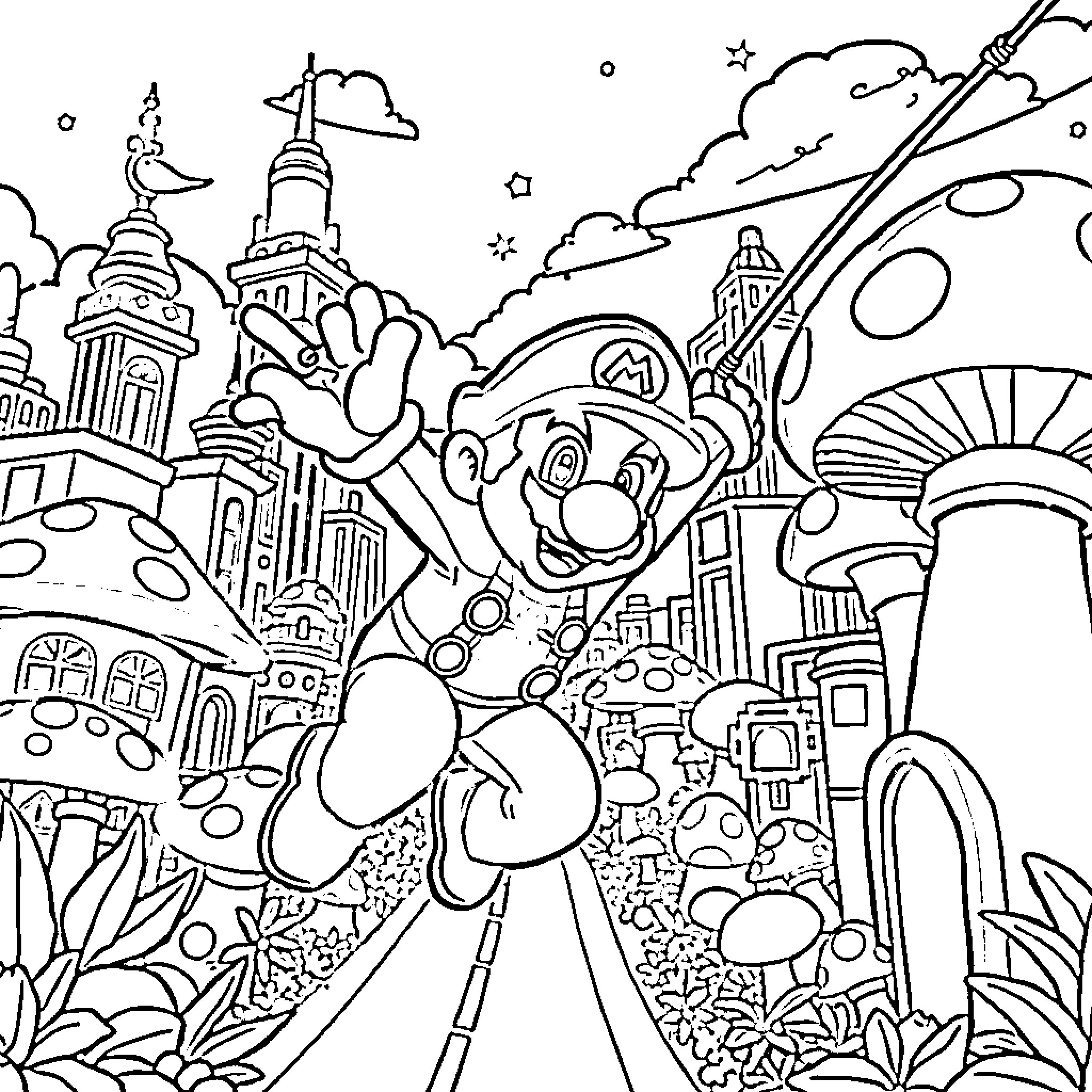 Mario's Magical Adventure in a Whimsical World Coloring Page (free black-and-white line drawing printable PDF for all, from beginners to advanced learners, including children, teens, adults, and seniors)