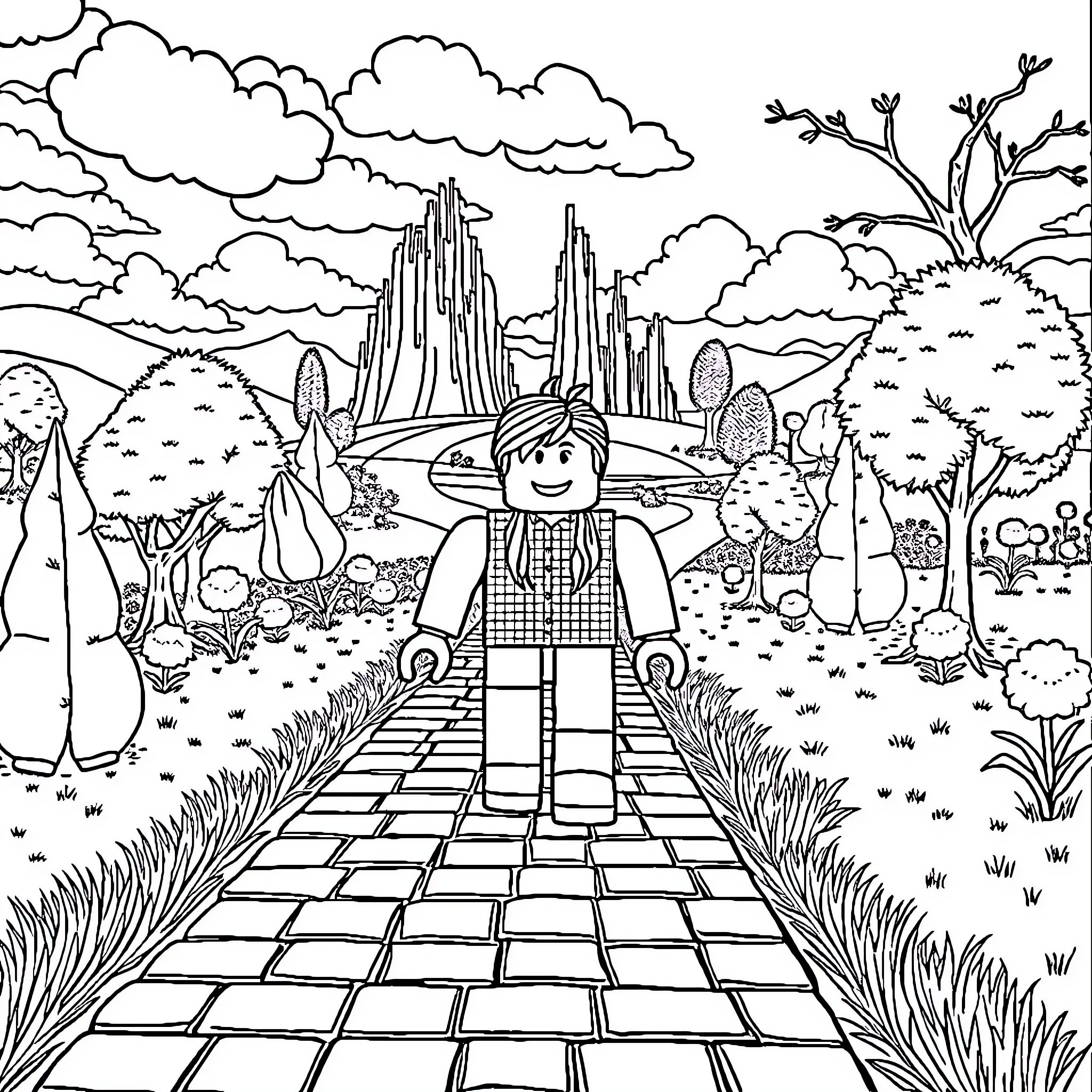 Roblox Character exploring a fantastical landscape Coloring Page (free black-and-white line drawing printable PDF for all, from beginners to advanced learners, including children, teens, adults, and seniors)