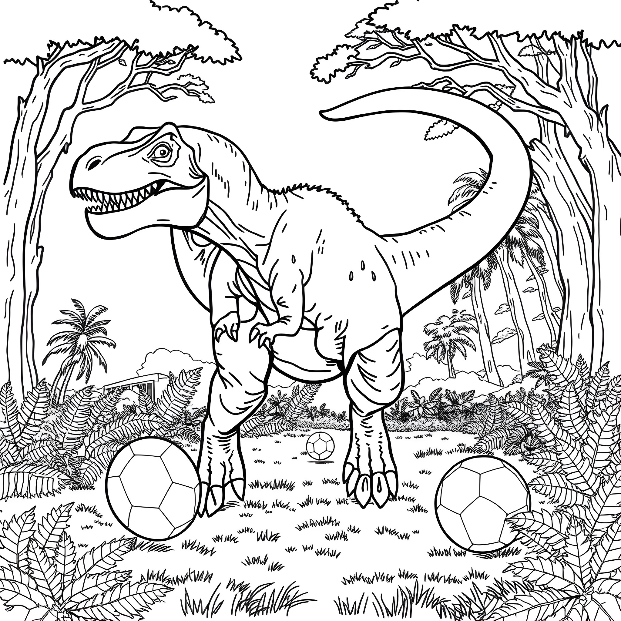 Tyrannosaurus roaming through the lush prehistoric forest Coloring Page (free black-and-white line drawing printable PDF for all, from beginners to advanced learners, including children, teens, adults, and seniors)
