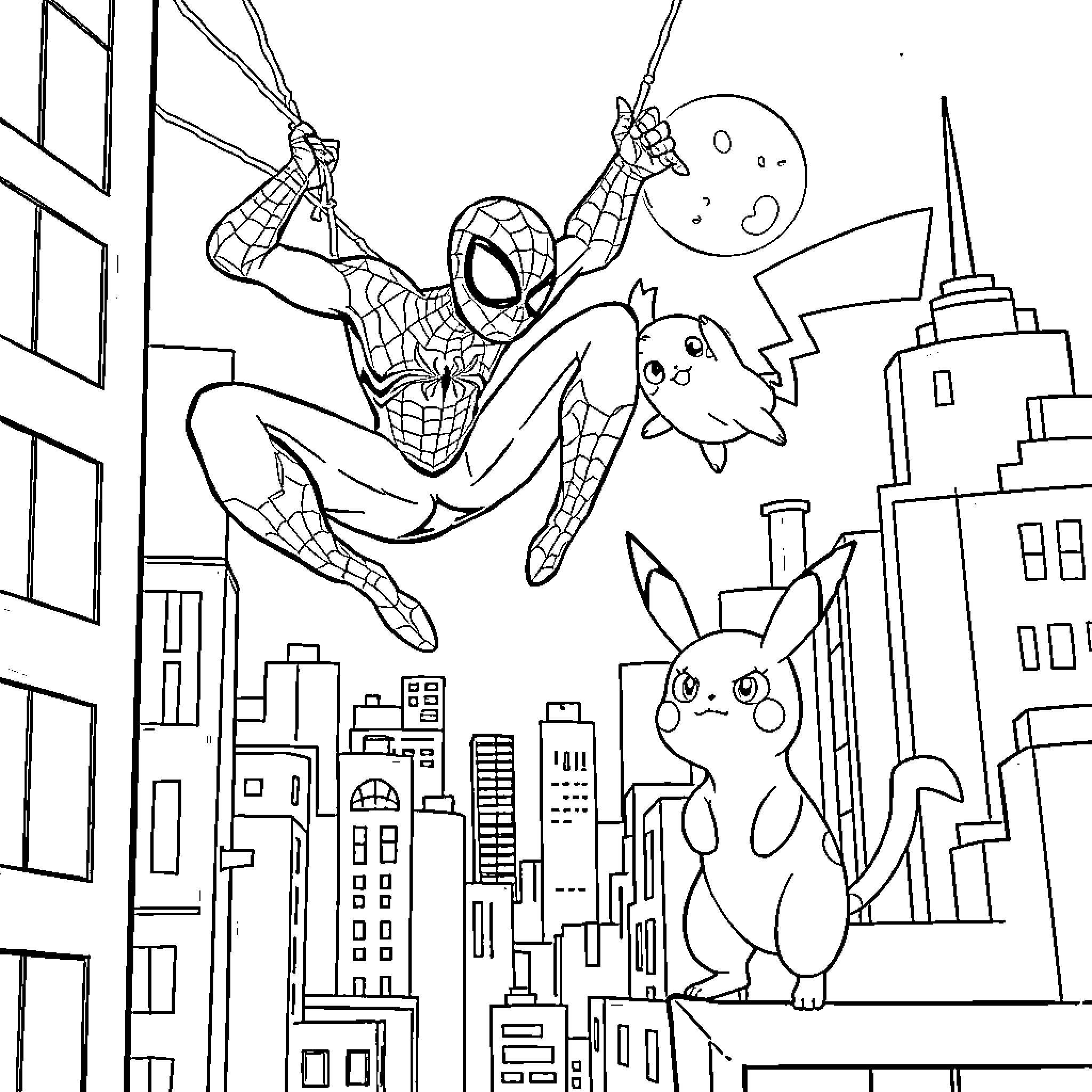 Spiderman swinging through the city with Pokemon companions Coloring Page (free black-and-white line drawing printable PDF for all, from beginners to advanced learners, including children, teens, adults, and seniors)