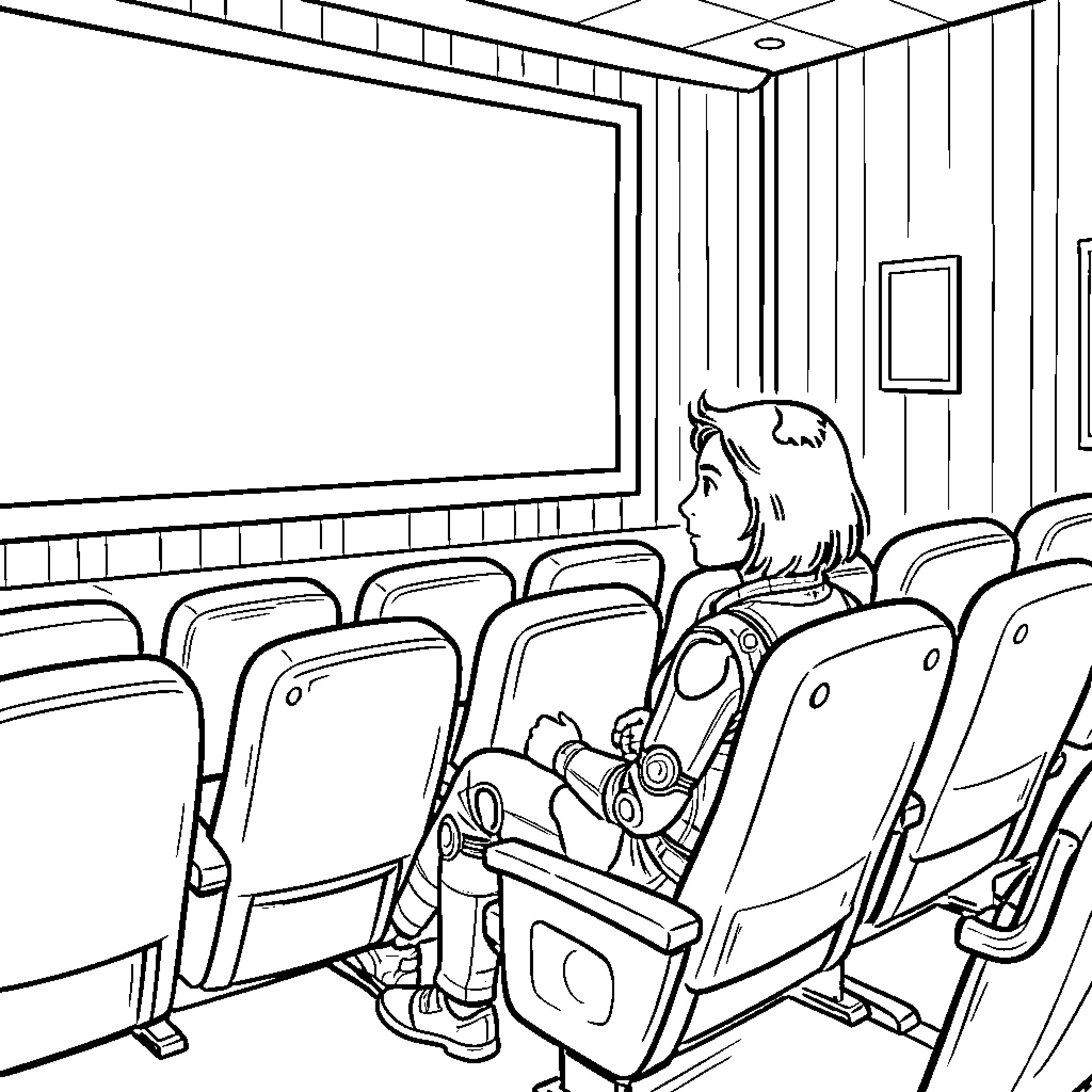 Cat watching a movie in the theater Coloring Page (free black-and-white line drawing printable PDF for all, from beginners to advanced learners, including children, teens, adults, and seniors)