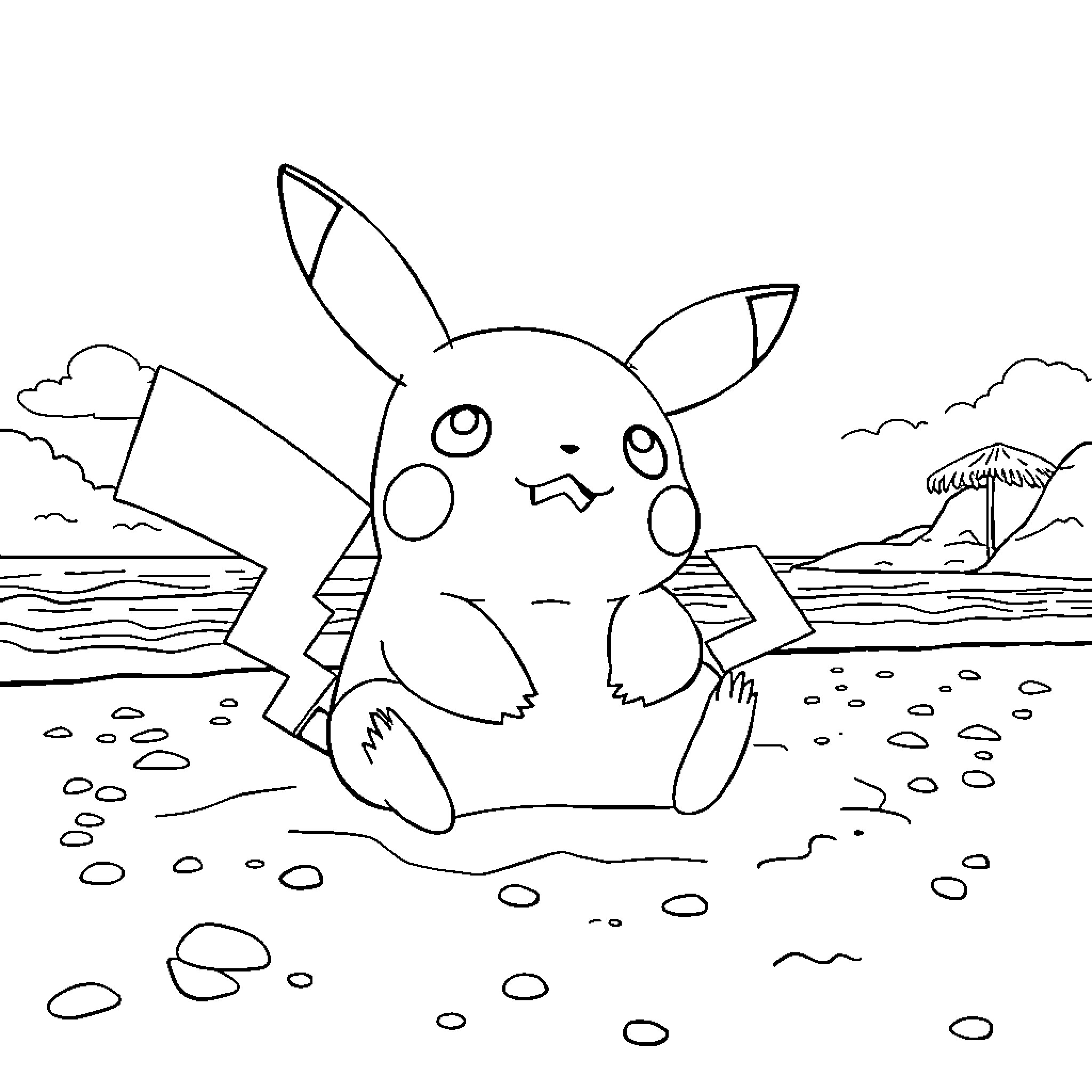 Pikachu relaxing on the beach Coloring Page (free black-and-white line drawing printable PDF for all, from beginners to advanced learners, including children, teens, adults, and seniors)