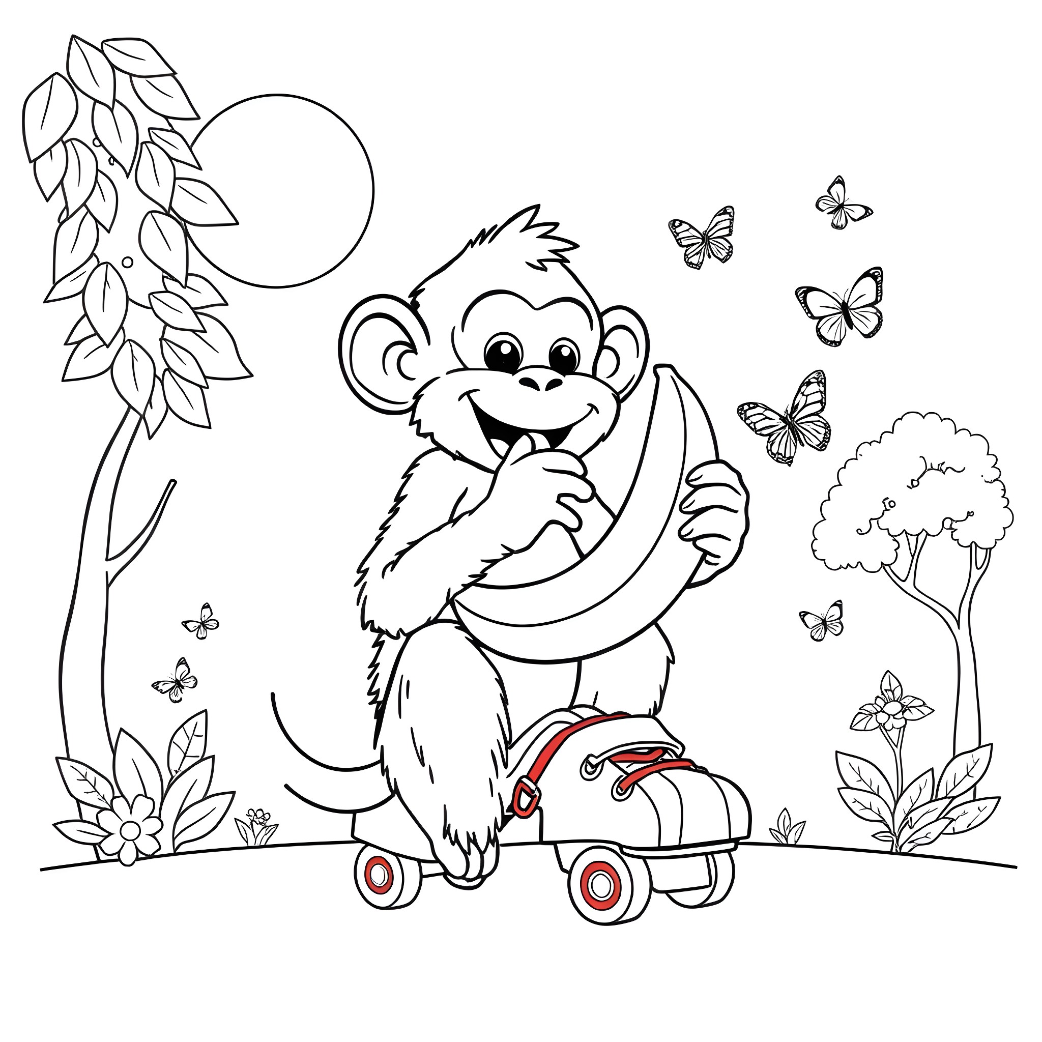 Monkey playing happily in the park Coloring Page (free black-and-white line drawing printable PDF for all, from beginners to advanced learners, including children, teens, adults, and seniors)