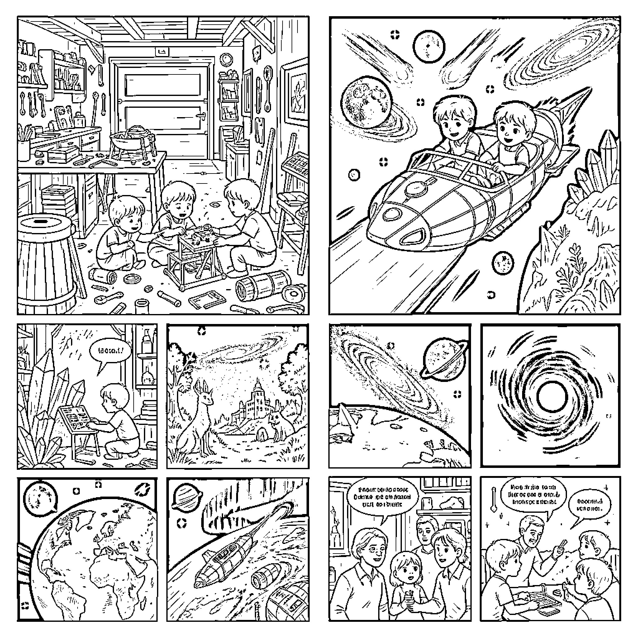 Child imagining space adventures through creative play Coloring Page (free black-and-white line drawing printable PDF for all, from beginners to advanced learners, including children, teens, adults, and seniors)