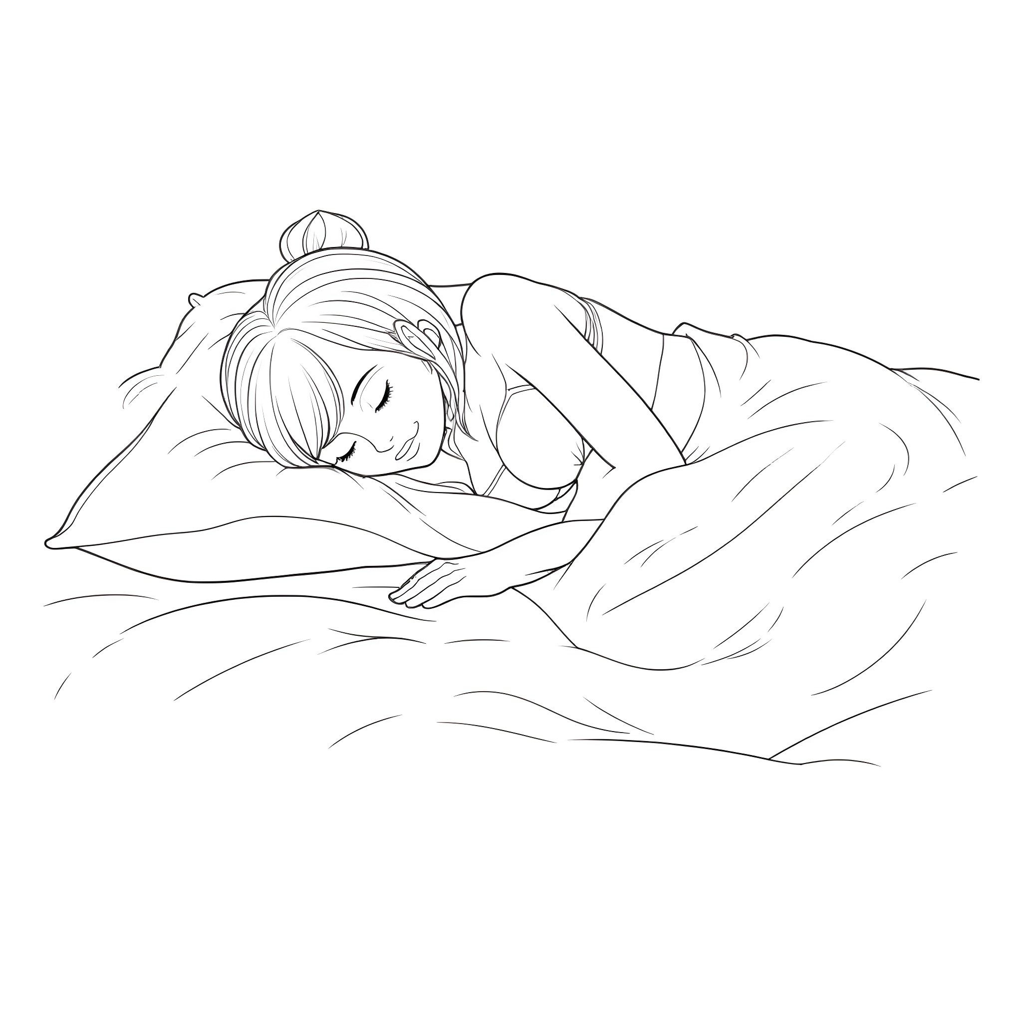 Tifa Lockhart sleeping peacefully in bed Coloring Page (free black-and-white line drawing printable PDF for all, from beginners to advanced learners, including children, teens, adults, and seniors)
