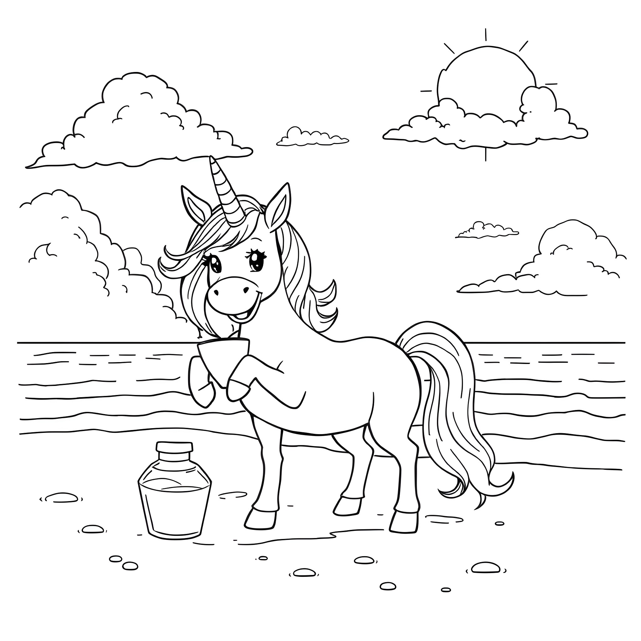 Unicorn playing by the seaside Coloring Page (free black-and-white line drawing printable PDF for all, from beginners to advanced learners, including children, teens, adults, and seniors)