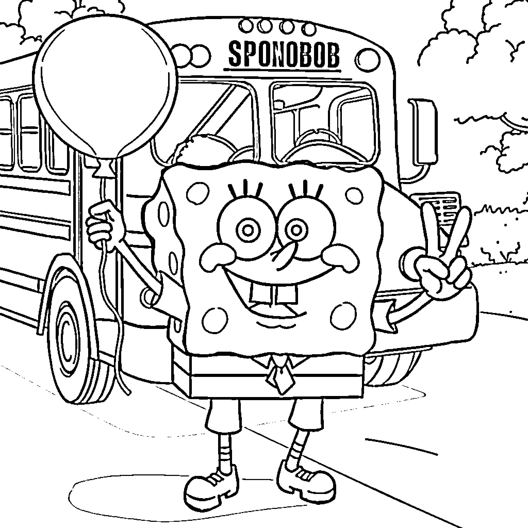 Spongebob on the school bus Coloring Page (free black-and-white line drawing printable PDF for all, from beginners to advanced learners, including children, teens, adults, and seniors)