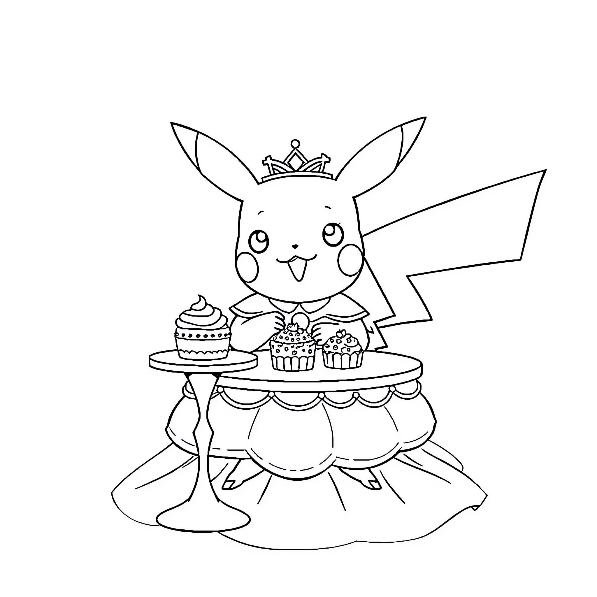 Pikachu dressed as a princess with cupcakes Coloring Page (free black-and-white line drawing printable PDF for all, from beginners to advanced learners, including children, teens, adults, and seniors)