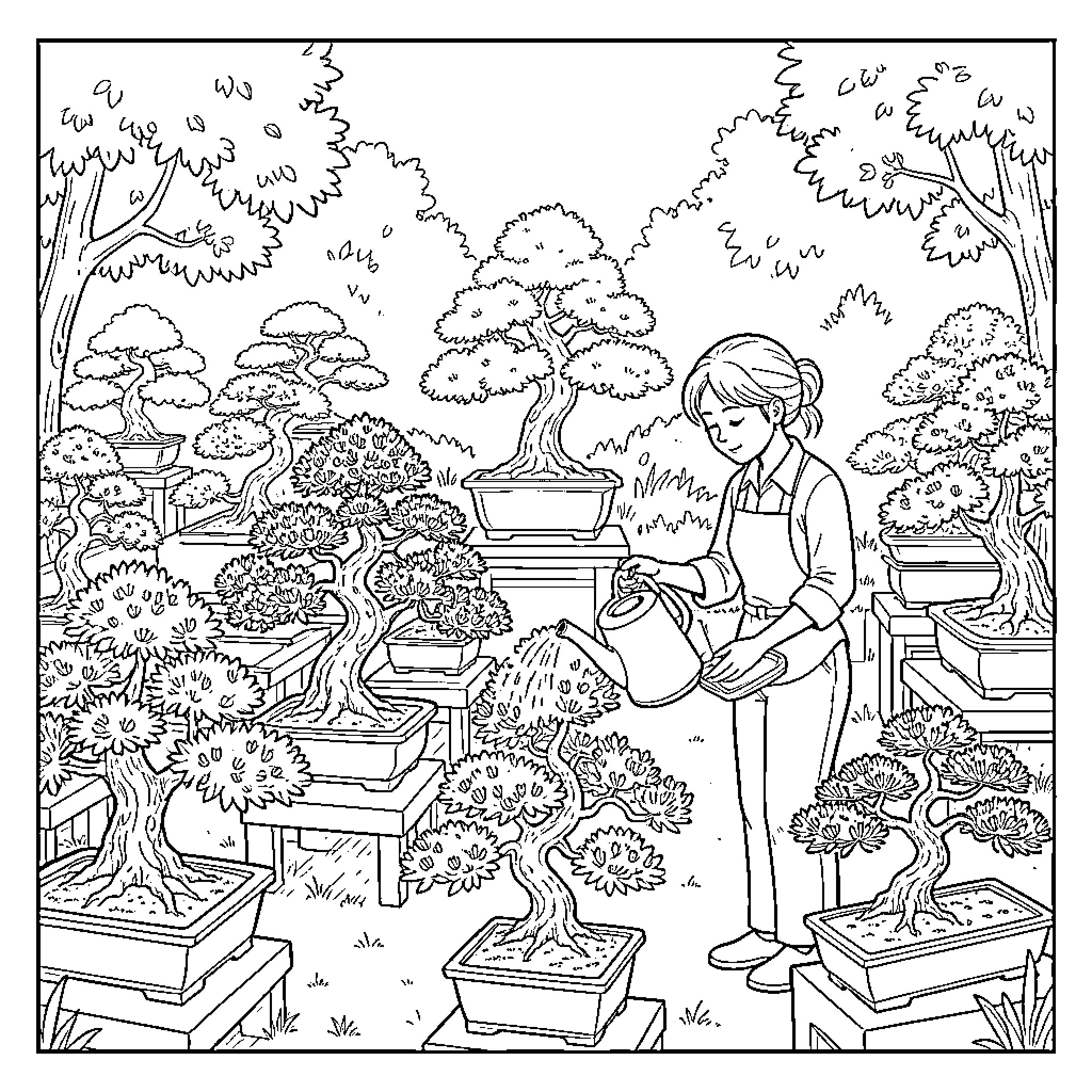 Bonsai gardener watering various miniature trees in a garden Coloring Page (free black-and-white line drawing printable PDF for all, from beginners to advanced learners, including children, teens, adults, and seniors)