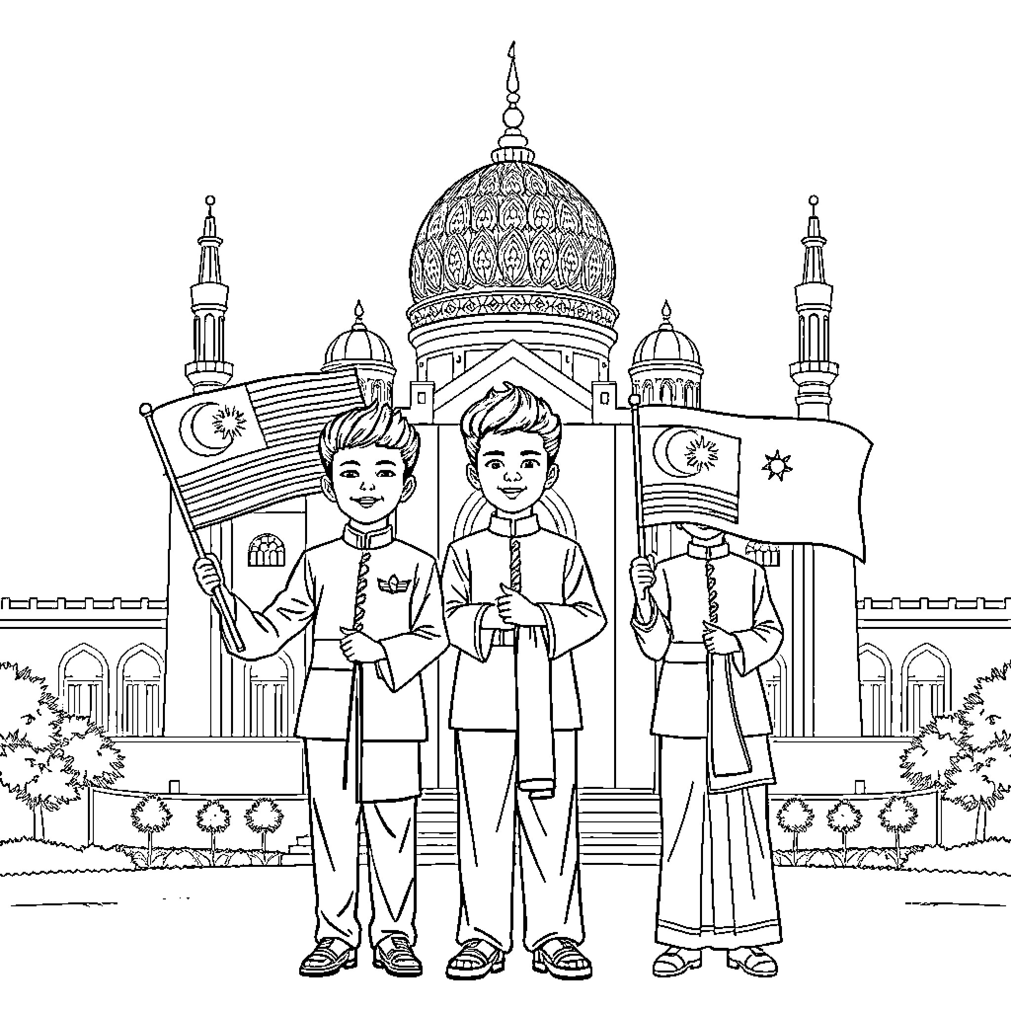 Boys celebrating at ornate mosque with flags Coloring Page (free black-and-white line drawing printable PDF for all, from beginners to advanced learners, including children, teens, adults, and seniors)