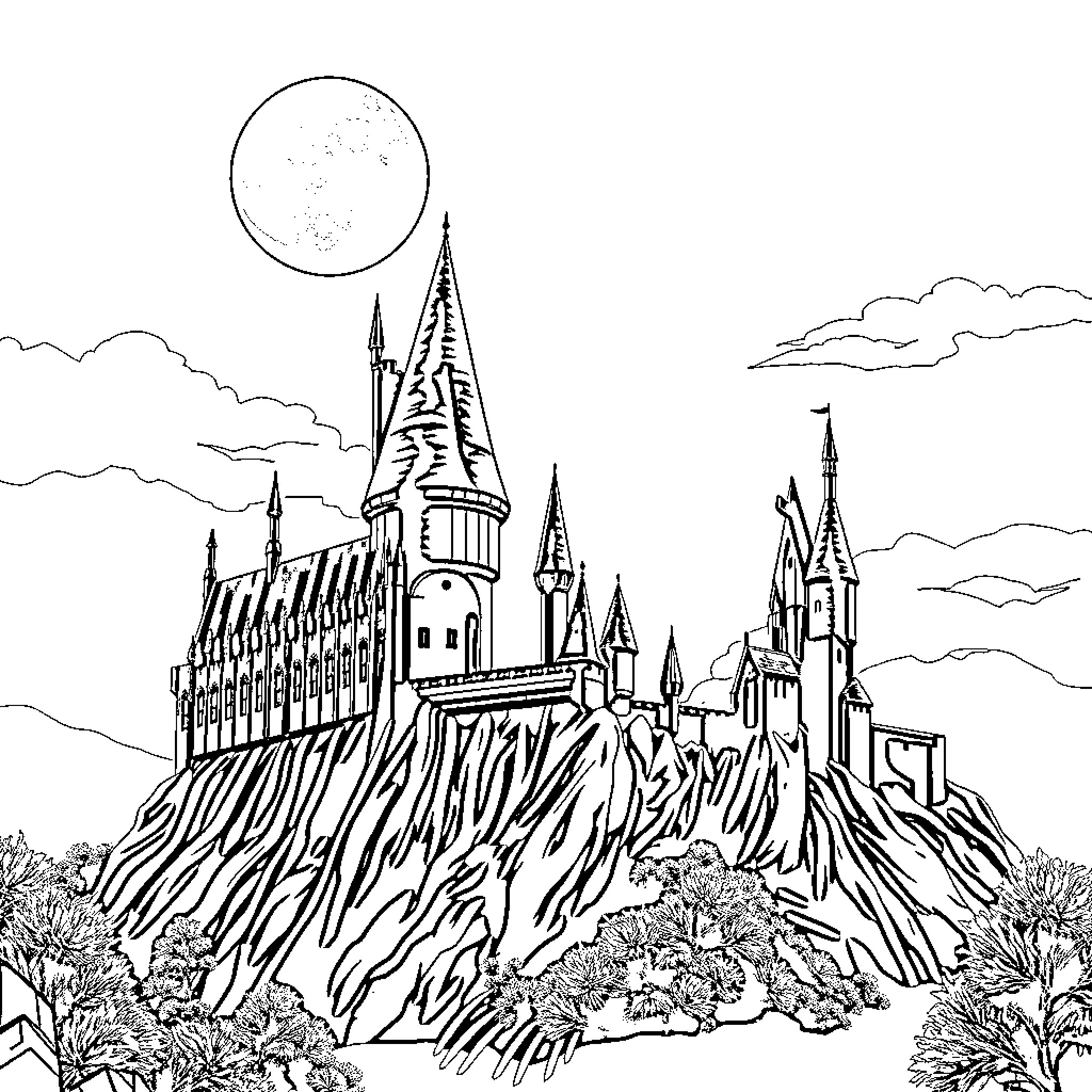 Hogwarts Castle on a Moonlit Night Coloring Page (free black-and-white line drawing printable PDF for all, from beginners to advanced learners, including children, teens, adults, and seniors)