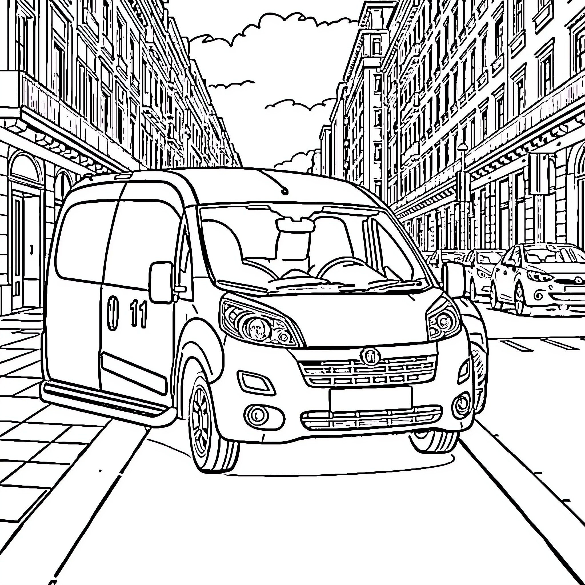 Fiat Doblo on city street with buildings Coloring Page (free black-and-white line drawing printable PDF for all, from beginners to advanced learners, including children, teens, adults, and seniors)