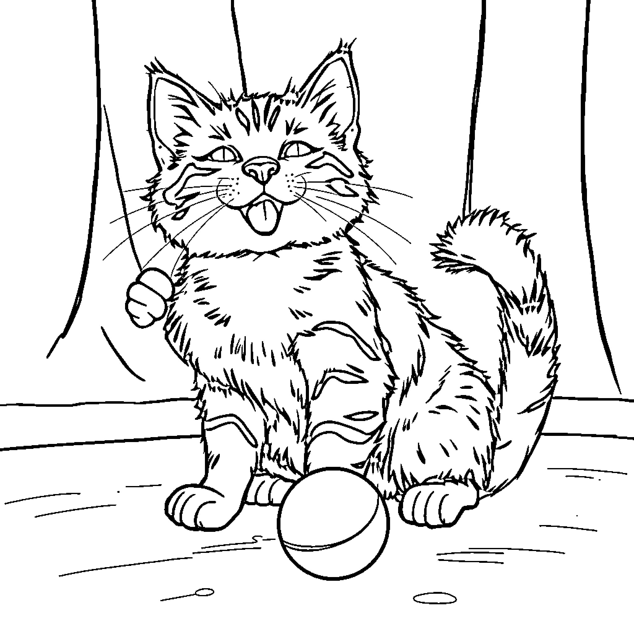 Cat expressing playful excitement Coloring Page (free black-and-white line drawing printable PDF for all, from beginners to advanced learners, including children, teens, adults, and seniors)