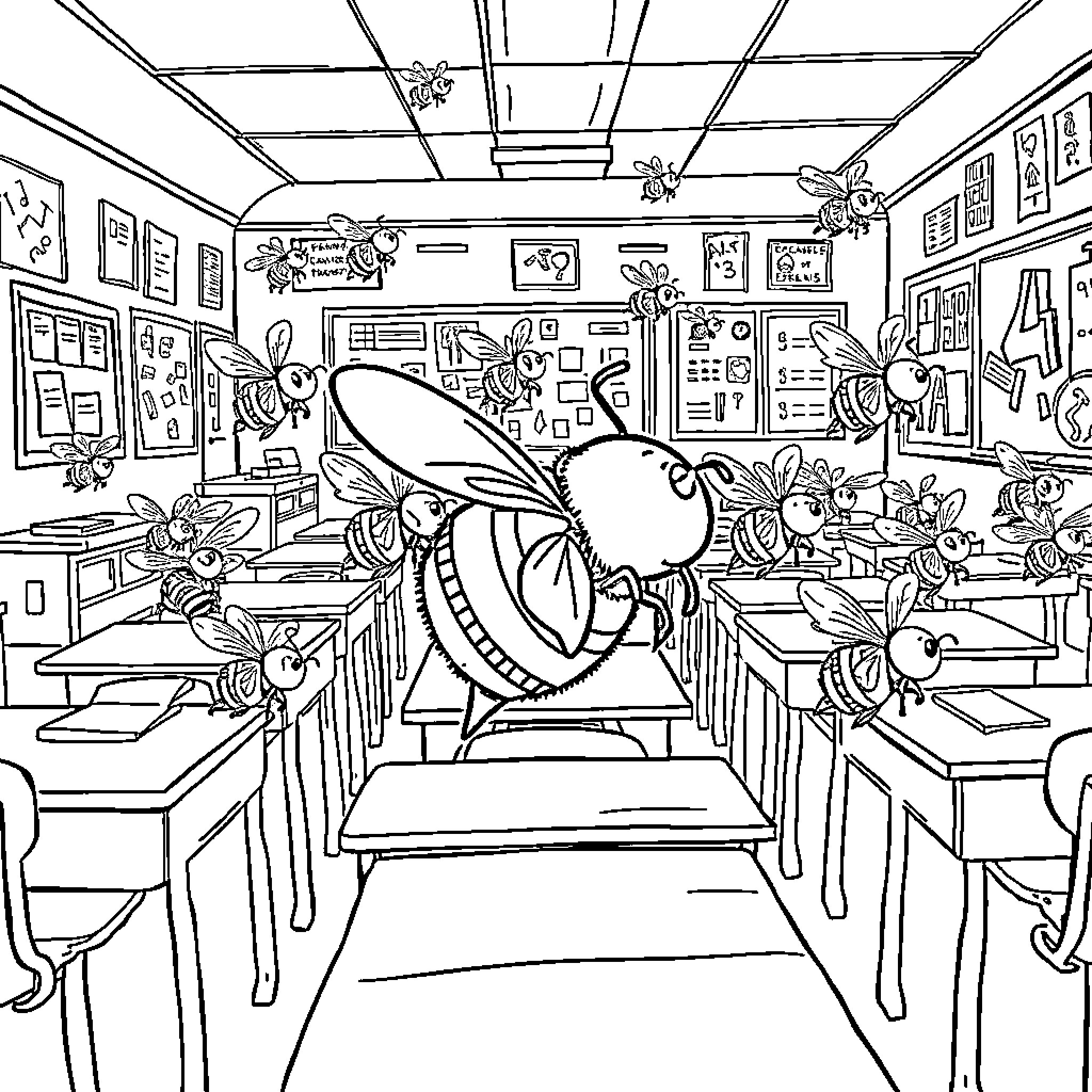 Bee-themed classroom filled with educational decor Coloring Page (free black-and-white line drawing printable PDF for all, from beginners to advanced learners, including children, teens, adults, and seniors)