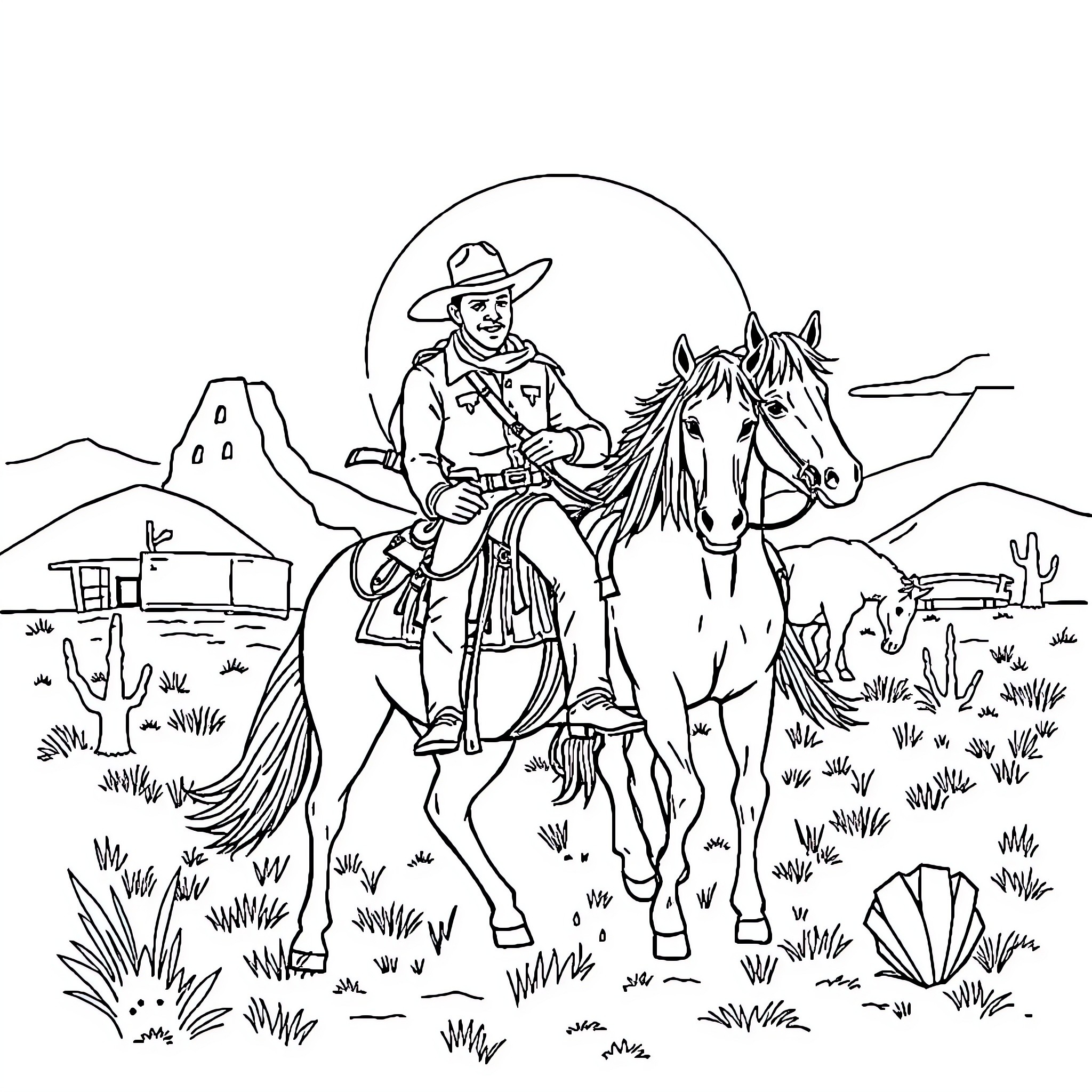 Cowboy riding horse through desert landscape Coloring Page (free black-and-white line drawing printable PDF for all, from beginners to advanced learners, including children, teens, adults, and seniors)