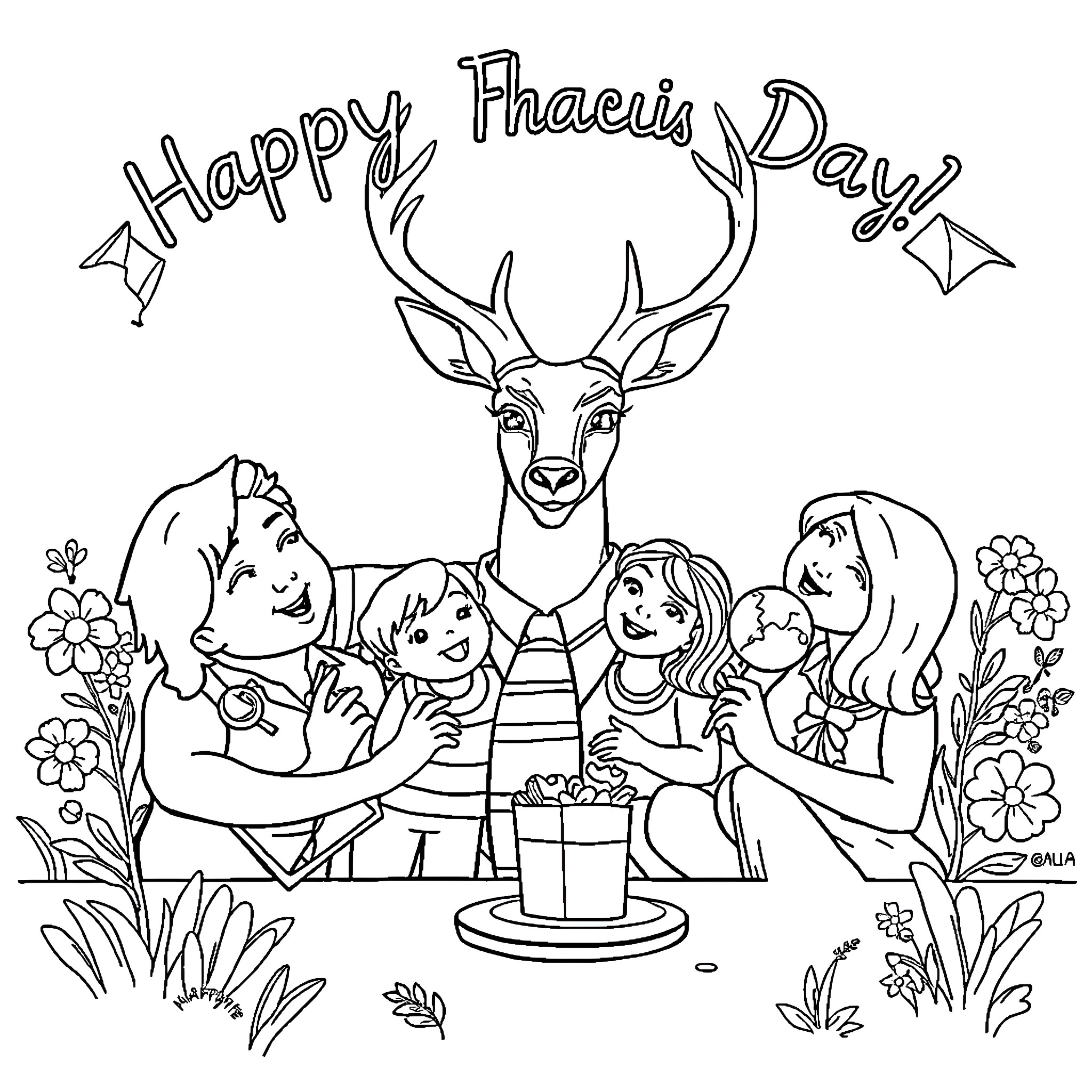 Roebuck celebrates Happy Phanta's Day with friends Coloring Page (free black-and-white line drawing printable PDF for all, from beginners to advanced learners, including children, teens, adults, and seniors)