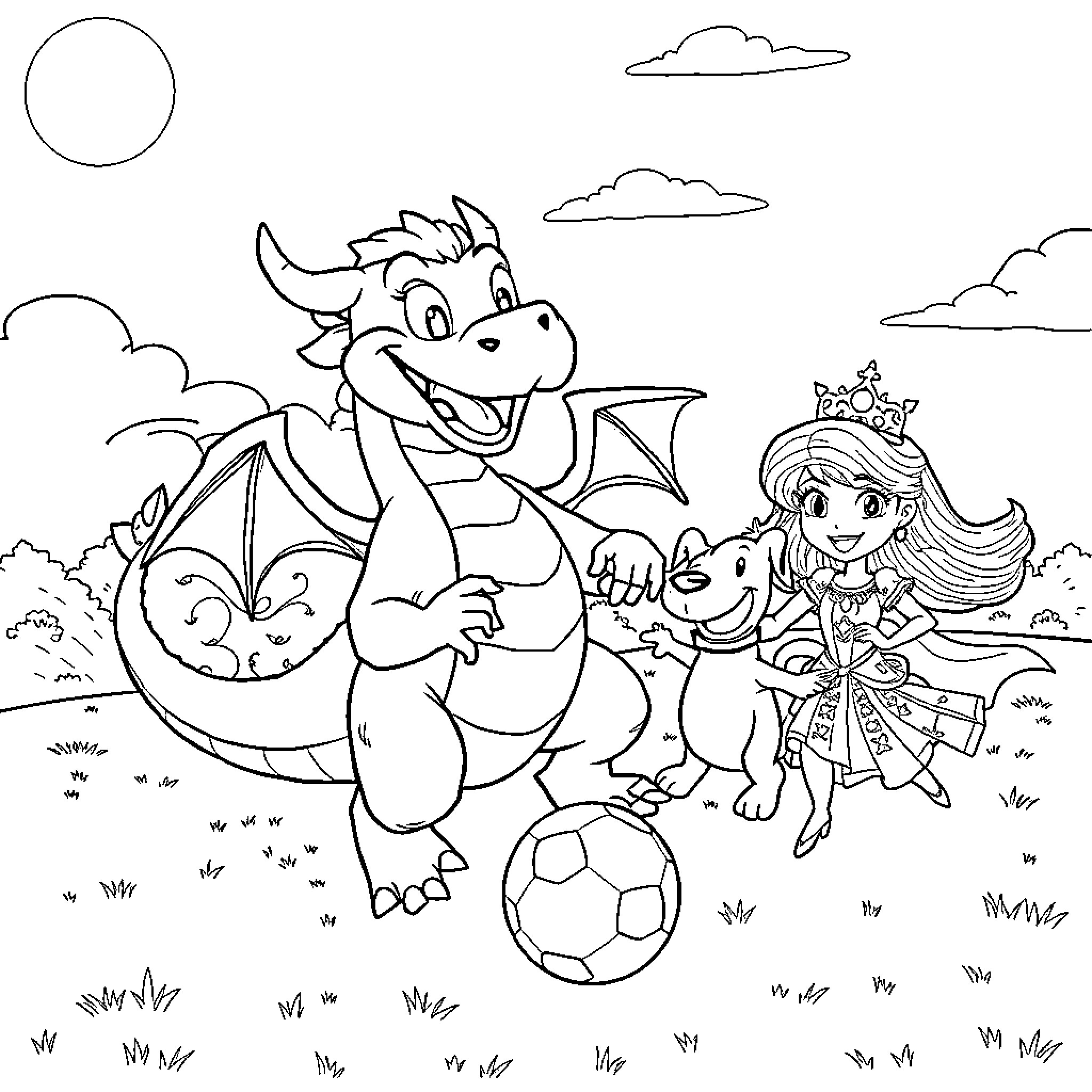 Zog the Dragon and Princess Play Together Coloring Page (free black-and-white line drawing printable PDF for all, from beginners to advanced learners, including children, teens, adults, and seniors)