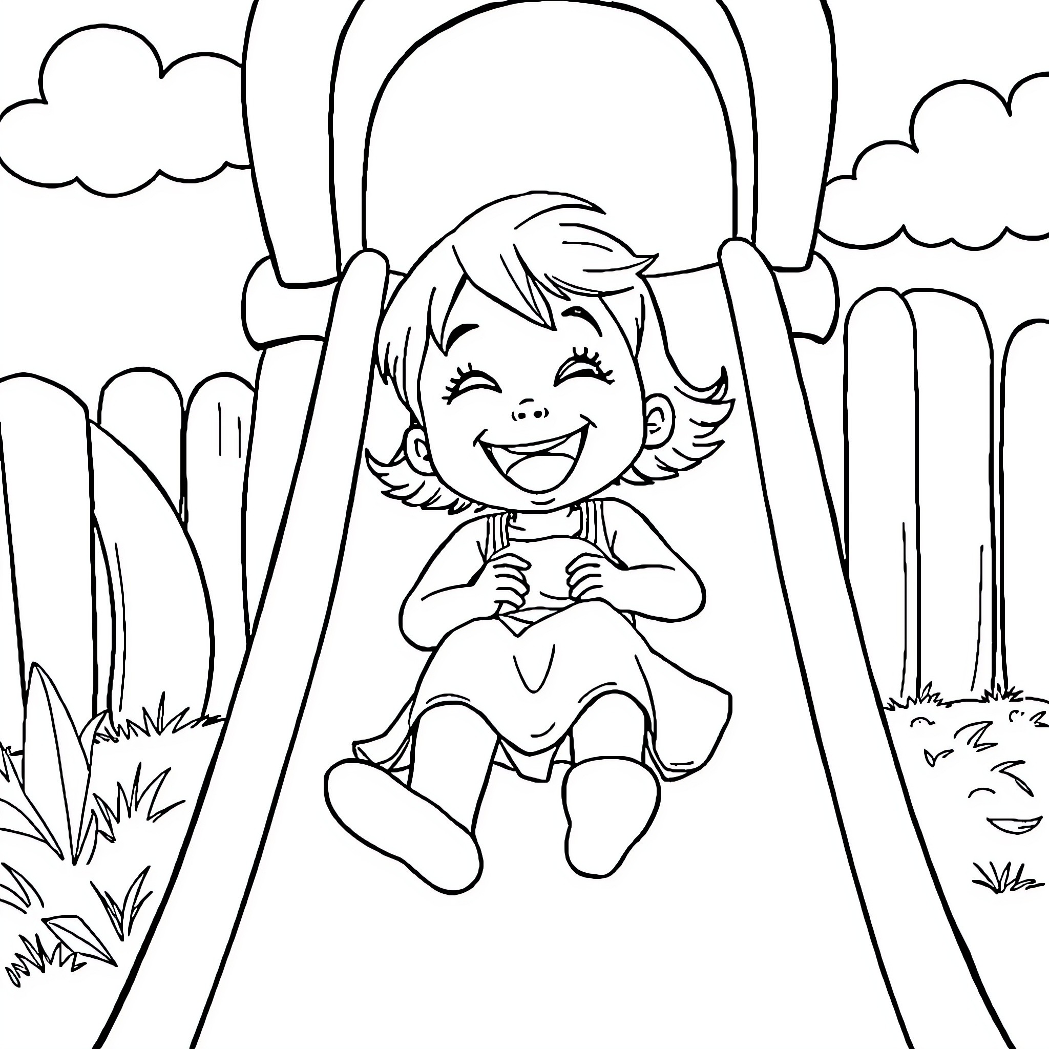 Gabby playing joyfully on the playground swing Coloring Page (free black-and-white line drawing printable PDF for all, from beginners to advanced learners, including children, teens, adults, and seniors)
