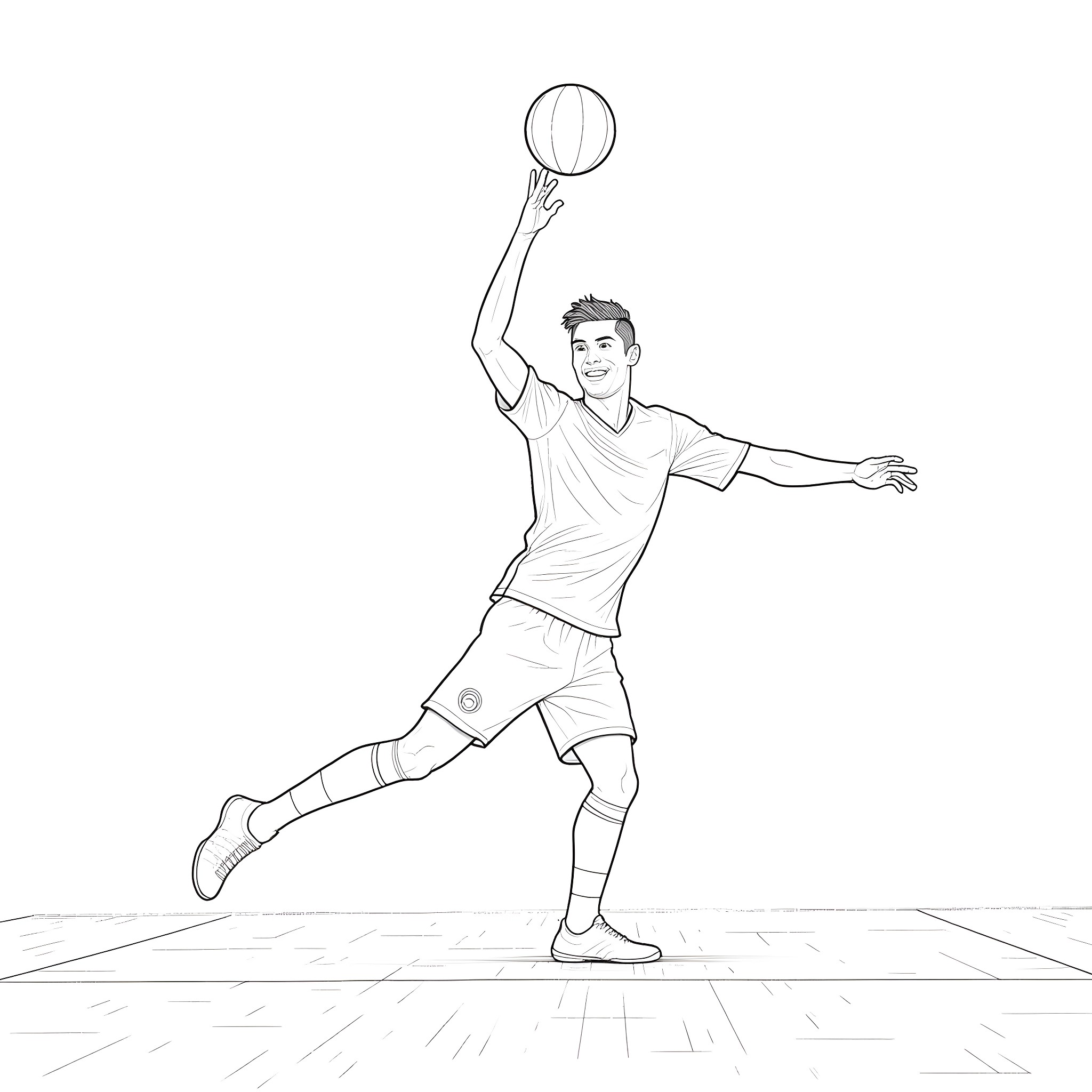 Ronaldo jumping and reaching for the ball Coloring Page (free black-and-white line drawing printable PDF for all, from beginners to advanced learners, including children, teens, adults, and seniors)