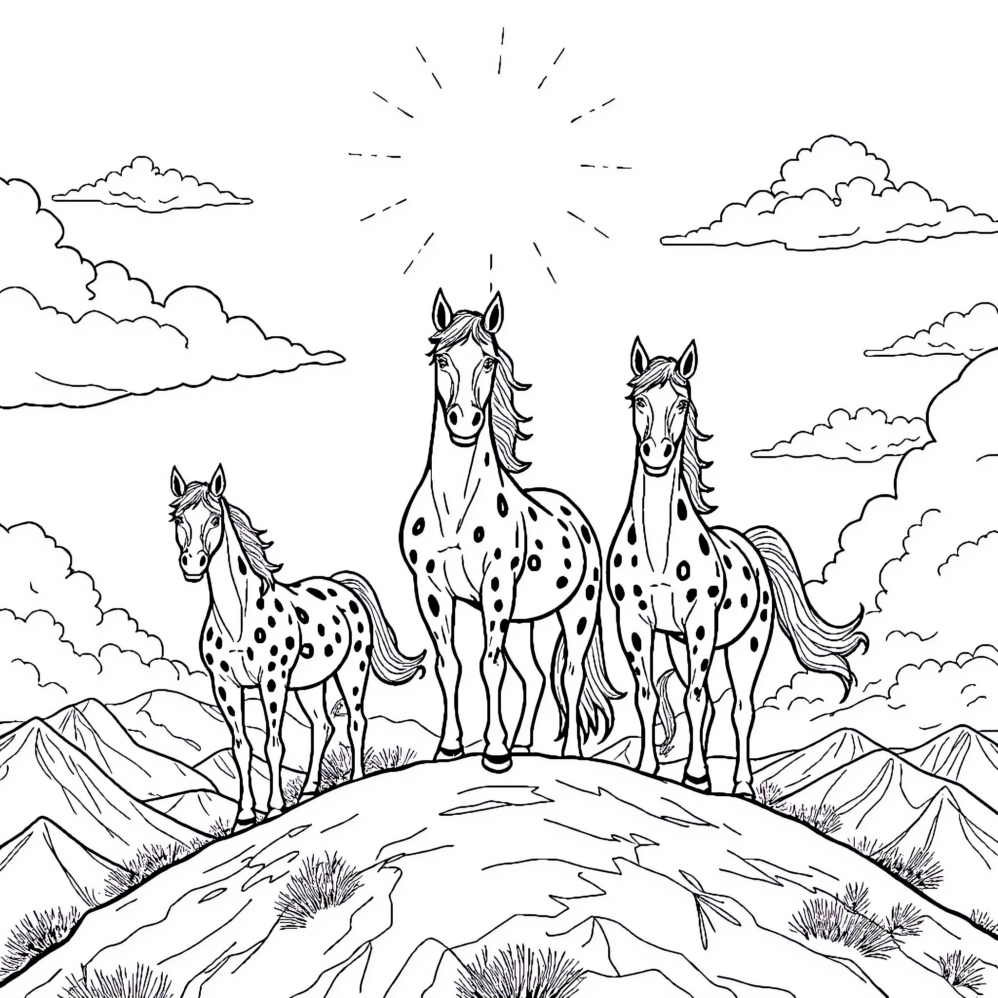 Horse herd galloping through the mountainous landscape Coloring Page (free black-and-white line drawing printable PDF for all, from beginners to advanced learners, including children, teens, adults, and seniors)