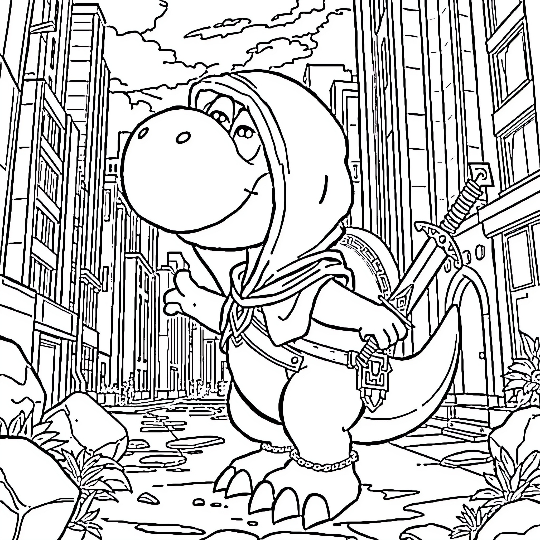 Yoshi exploring the city with curiosity Coloring Page (free black-and-white line drawing printable PDF for all, from beginners to advanced learners, including children, teens, adults, and seniors)