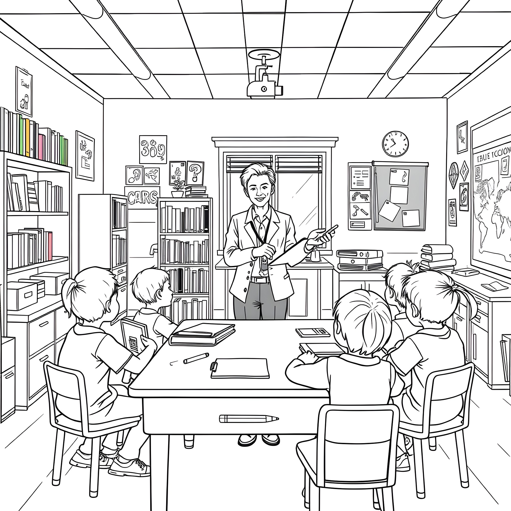 Teacher Engaging Students in Classroom Discussion Coloring Page (free black-and-white line drawing printable PDF for all, from beginners to advanced learners, including children, teens, adults, and seniors)